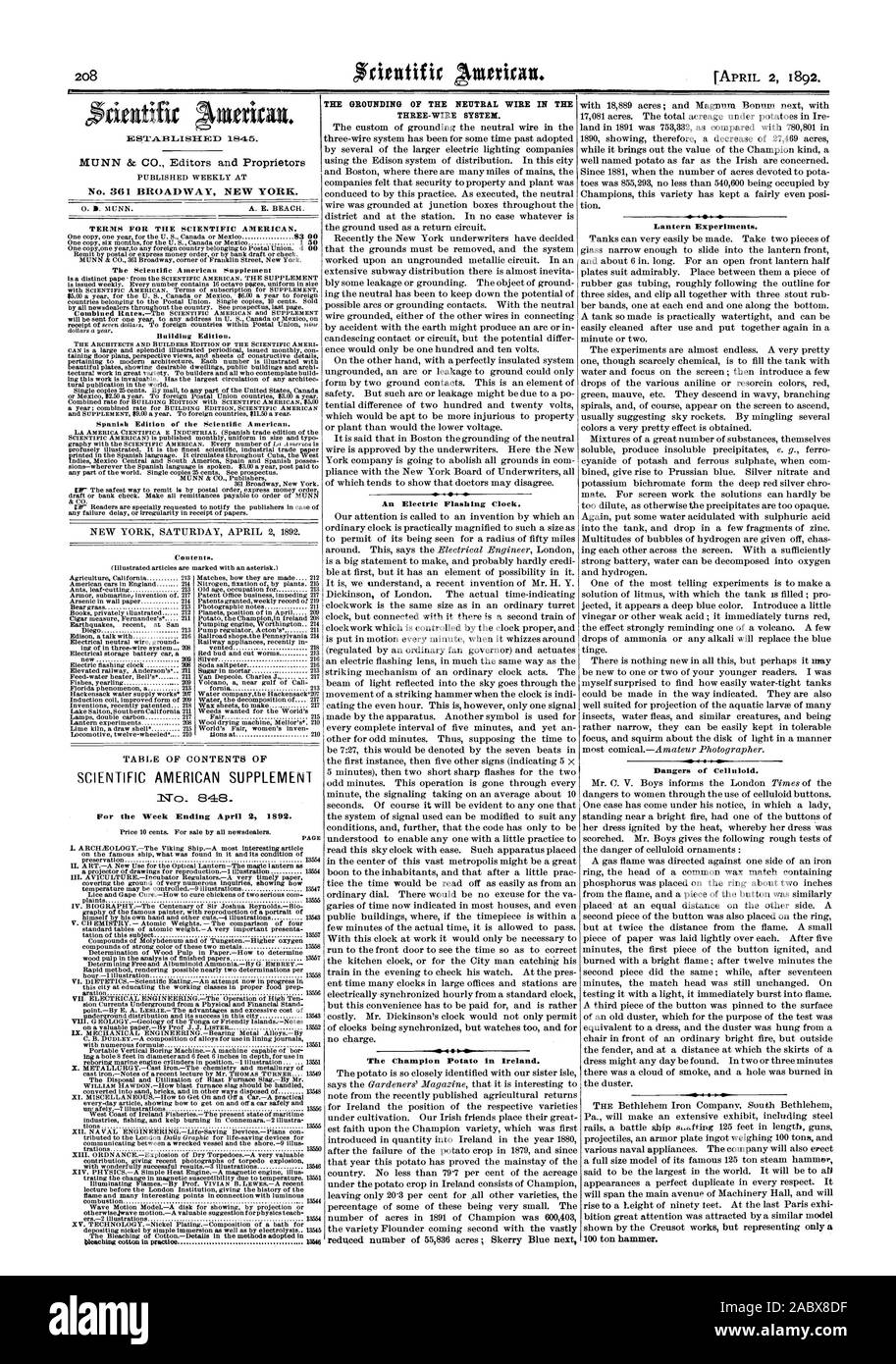 MUNN & CO. Editori e proprietari n. 361 Broadway New York. 1 53 la tabella dei contenuti di Scientific American SUPPLEMENT la messa a terra del conduttore di neutro in il sistema a tre fili. Un Lampeggio elettrico orologio. Il campione di patata in Irlanda. Gli esperimenti di Lanterna. Pericoli di celluloide. 100 ton martello. Nessuna  848 per la settimana che termina il 2 aprile 1892., 1892-04-02 Foto Stock