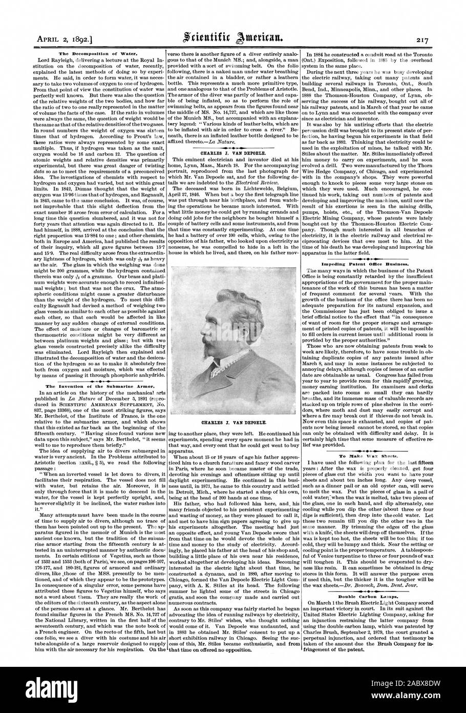 La Decomposizione di acqua. L'invenzione del sommergibile Armor. CHARLES 3. VAN DEPOELE. Ostacolare Patent Office Business. Per fare i fogli di cera. Doppi carbonio lampade., Scientific American, 1892-04-02 Foto Stock