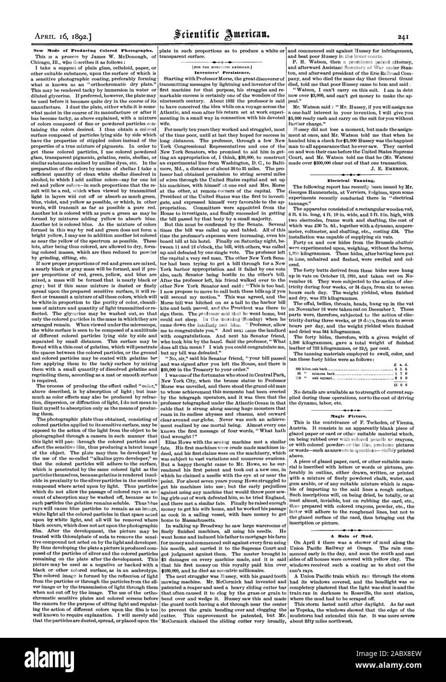 Nuova modalità di produrre fotografie a colori. Inventori' persistenza. Concia elettrica. 8 0 Magic Immagine. Una pioggia di fango., Scientific American, 1892-04-16 Foto Stock