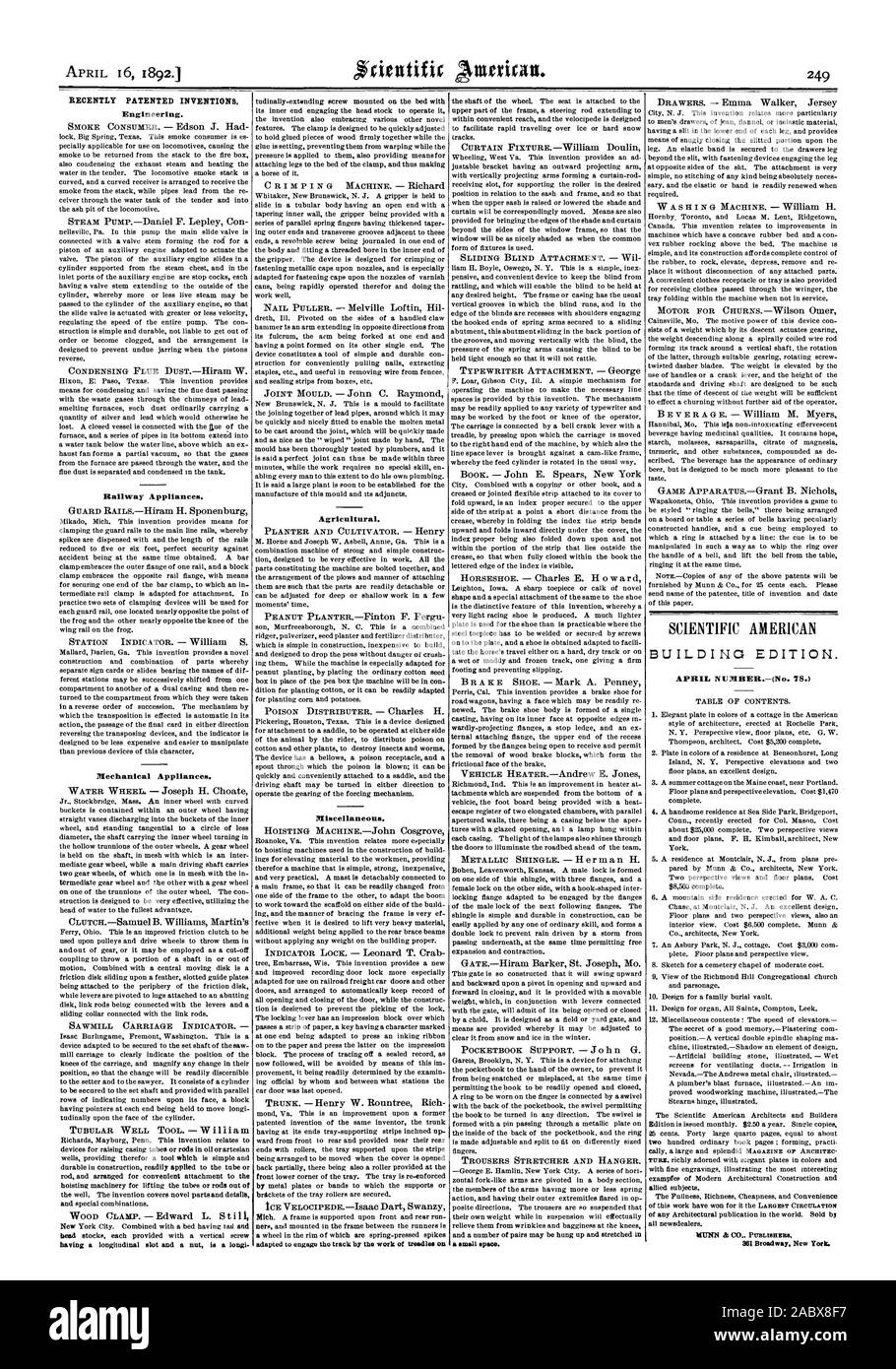 Recentemente invenzioni brevettate. Engineering. Apparecchiature ferroviarie. Apparecchi meccanici. Agricola. Varie. un piccolo spazio. SCIENTIFIC AMERICAN EDIFICIO EDITION. Numero di aprile.(n. 78.) MUNN UN CO EDITORI 861 Broadway New York., 1892-04-16 Foto Stock