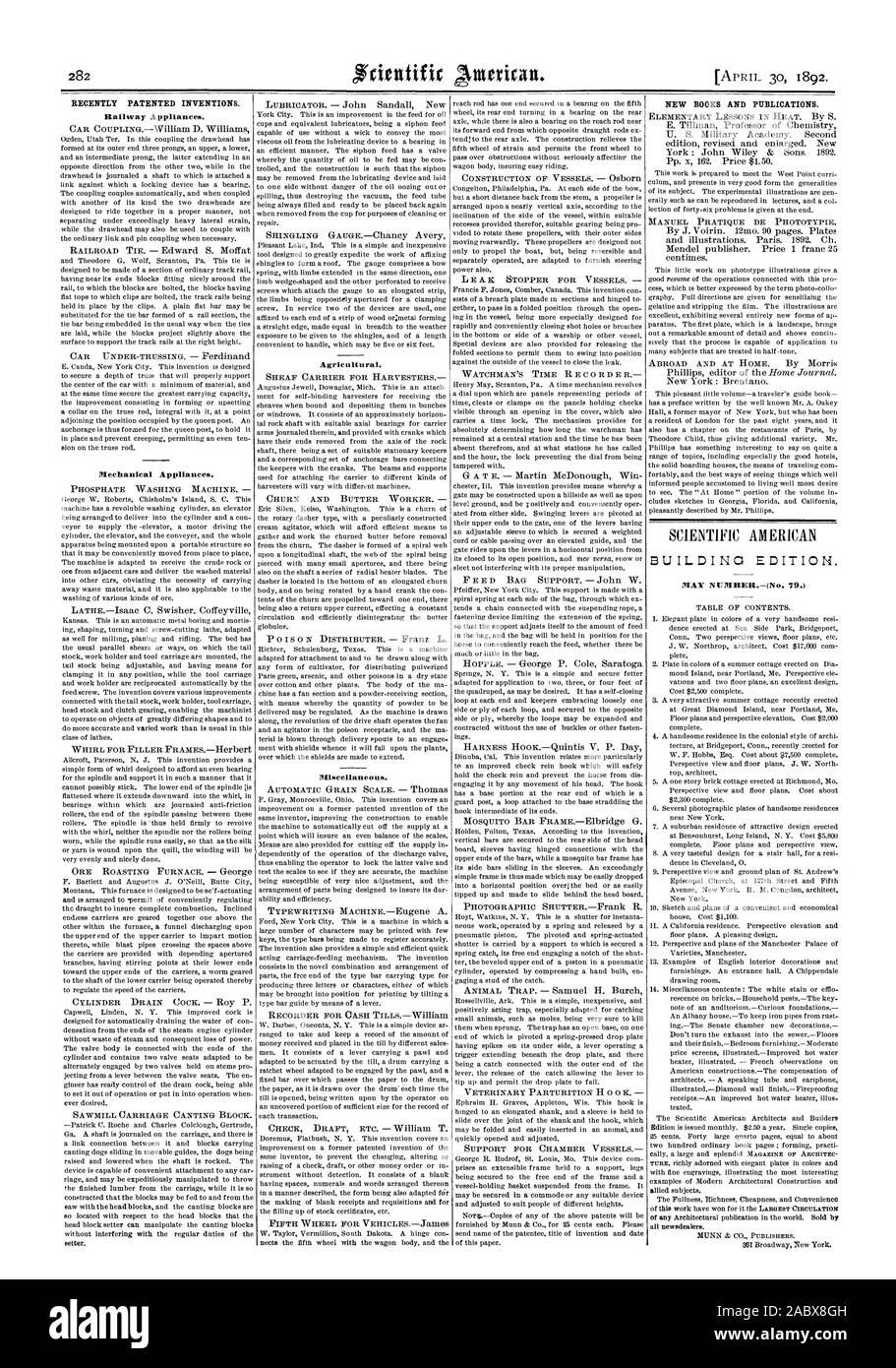 Recentemente invenzioni brevettate. Apparecchiature ferroviarie. Apparecchi meccanici. Agricola. Varie. Nuovi libri e pubblicazioni. SCIENTIFIC AMERICAN EDIFICIO EDITION. Può NUMBEIC(n. 79.), 1892-04-11 Foto Stock