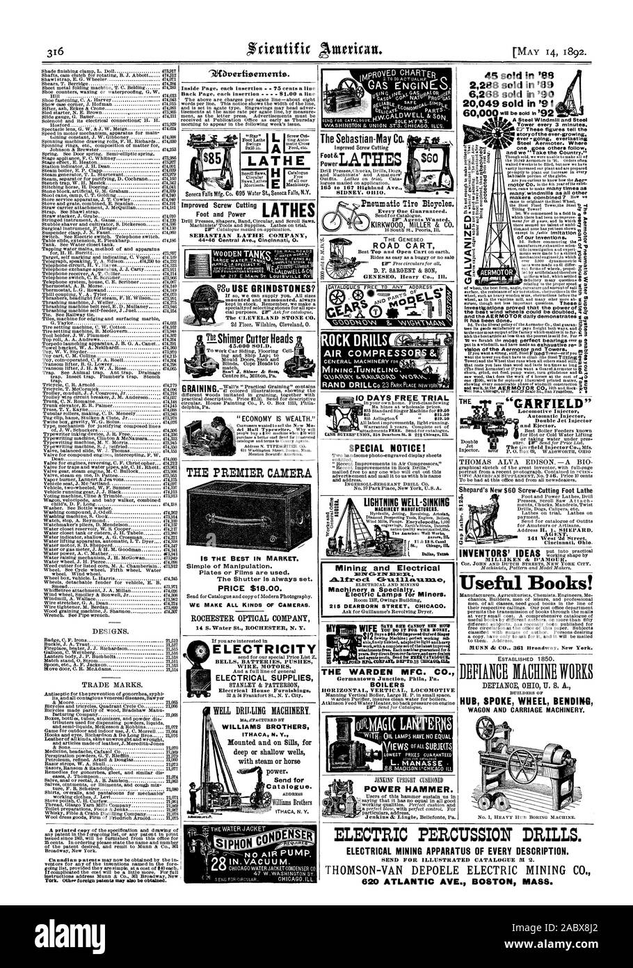 Economia è ricchezza.' IL PREMIER è la fotocamera migliore nel mercato. Semplice di manipolazione. Lastre o pellicole sono utilizzati. L'otturatore è sempre impostato. Prezzo $18.00. Realizziamo tutti i tipi di telecamere. La Rochester OPTICAL COMPANY La Sebastian-May Co. Power SIDNEY OHIO. Il fulmine ben-sinking fabbricanti di macchinari. Industria mineraria ed elettrica 61.1Elpir fr cc1. GruilllEa.u.xtaus macchinari una specialità. Lampade e tubi elettrici per i minatori. 215 DEARBORN STREET CHICAGO. Caldaie orizzontale verticale locomotore maglio. "GARFIELD locomotore iniettore a getto doppio iniettore e eiettore. Shepard è di nuovo $60 Screw-Cutting piede agente tornio Foto Stock