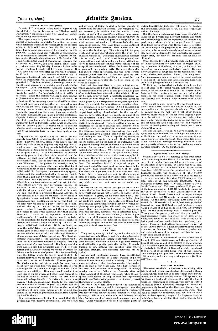 Moderna navigazione aerea. Rock Elm. Agricoltura-il lino e la canapa. Forniture elettriche., Scientific American, 1892-06-11 Foto Stock