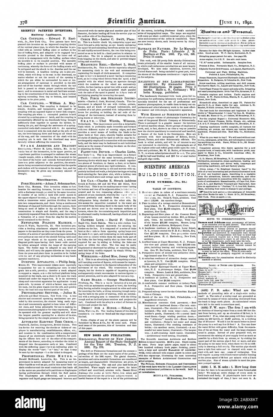 Recentemente invenzioni brevettate. Apparecchiature ferroviarie. Nuovi libri e pubblicazioni. SCIENTIFIC AMERICAN EDIFICIO EDITION. '313ussitiesse =tWereonaL ID. Indice delle note e richieste. NO. (4404) I. M. chiede : 1. Quanto tempo, 1892-0 Foto Stock