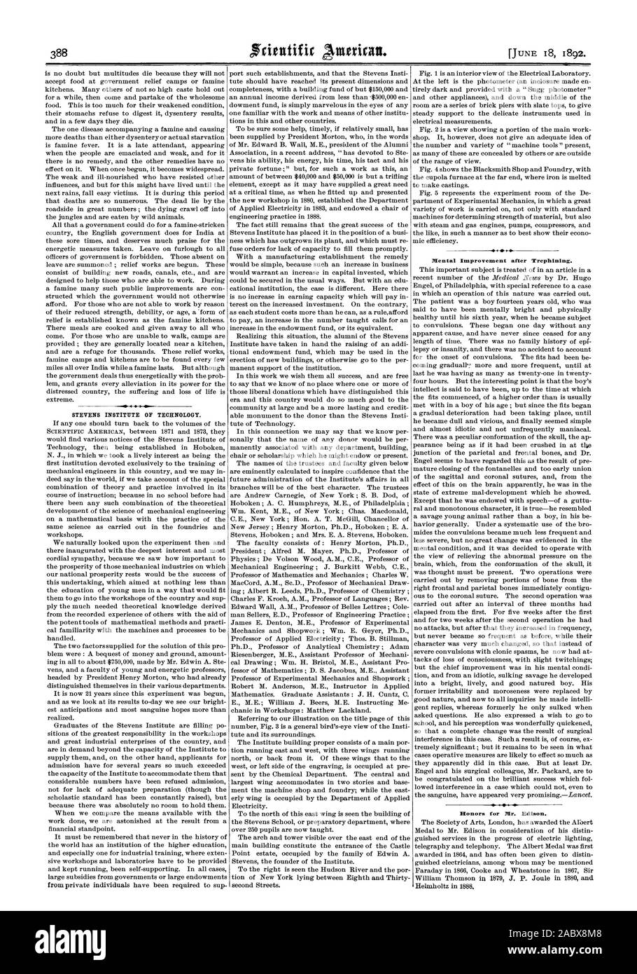 STEVENS Institute of Technology. Miglioramento mentale dopo Trephining. Riconoscimenti per il sig. Edison., Scientific American, 1892-06-18 Foto Stock