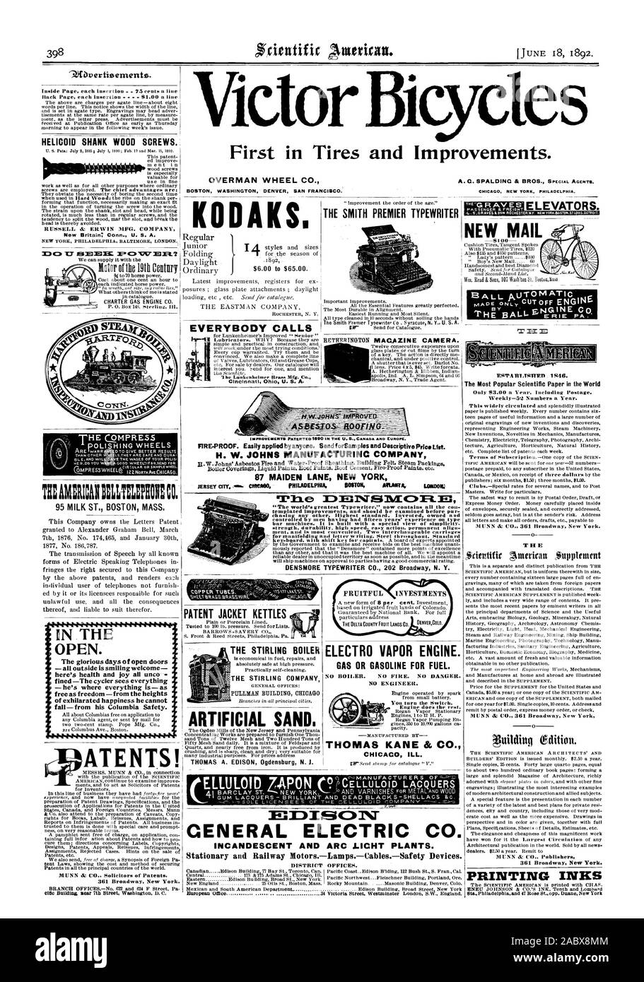 Codolo elicoidale viti per il legno. RUSSELL & ERWIN MEG. Azienda New Britain: Conn.. U. S. A. MOLE DI LUCIDATURA AMBRICA2!n. Questa società possiede le lettere frange di brevetto il diritto fissato per questa società all'aperto. - Tutti fuori è sorridente benvenuti - - lui è dove tutto è- liberi come libertà -dalle altezze MUNN & CO. Gli avvocati di brevetti. 361 Broadway New York. VictorI icycles prima nei pneumatici e miglioramenti. KODAKS. Tutti le chiamate H. W. JOHNS MANUFACTURING COMPANY 87 MAIDEN LANE NEW YORK " Il più grande nel mondo i nastri inchiostratori per macchine da scrivere' contiene ora tutti i cappelli di templato e miglioramenti devono essere esaminate Foto Stock