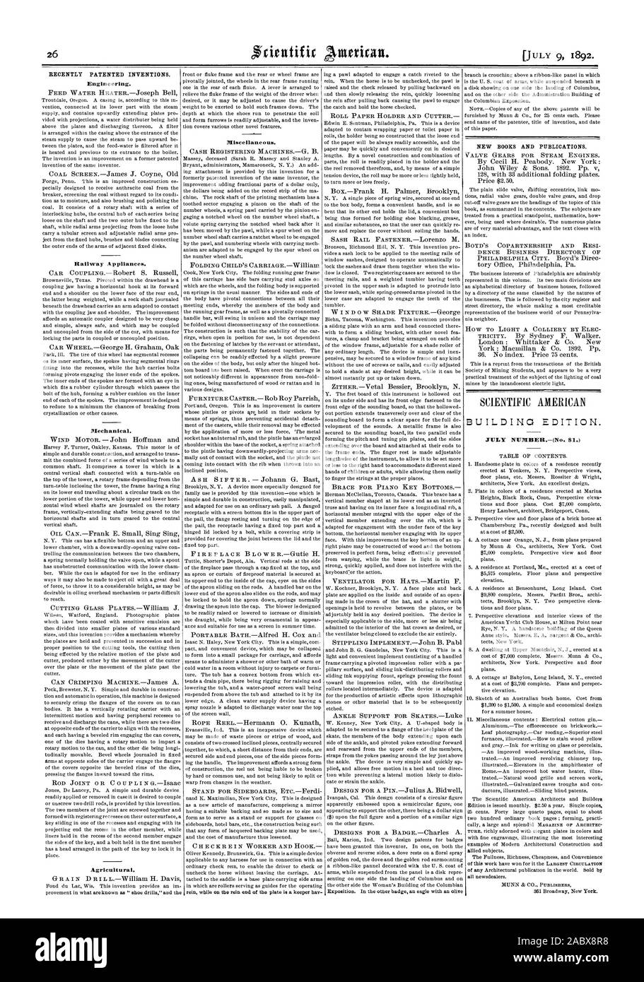Recentemente invenzioni brevettate. Engineering. Agricola. Misce Han e o us. rein mentre sulla reia estremità della piastra è un guardiano hav Roll titolare della carta e la taglierina NUOVA BOORS E PUBBLICAZIONI LUGLIO NLA(n. 81.) tutti newsdealers. MUNN & CO. Gli editori 361 Broadway New York., Scientific American, 1892-07-11 Foto Stock