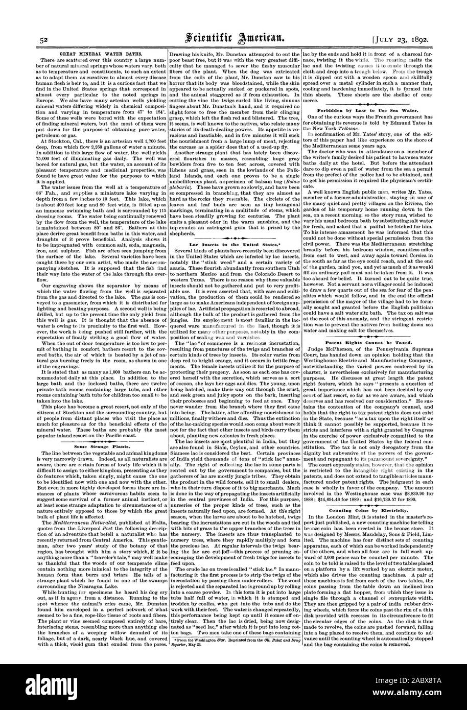 Grandi bagni in acqua minerale. Alcune strane piante. Vietato per legge utilizza acqua di mare. I diritti di brevetto non può essere tassati. Il conteggio delle monete da elettricità., Scientific American, 1892-07-23 Foto Stock