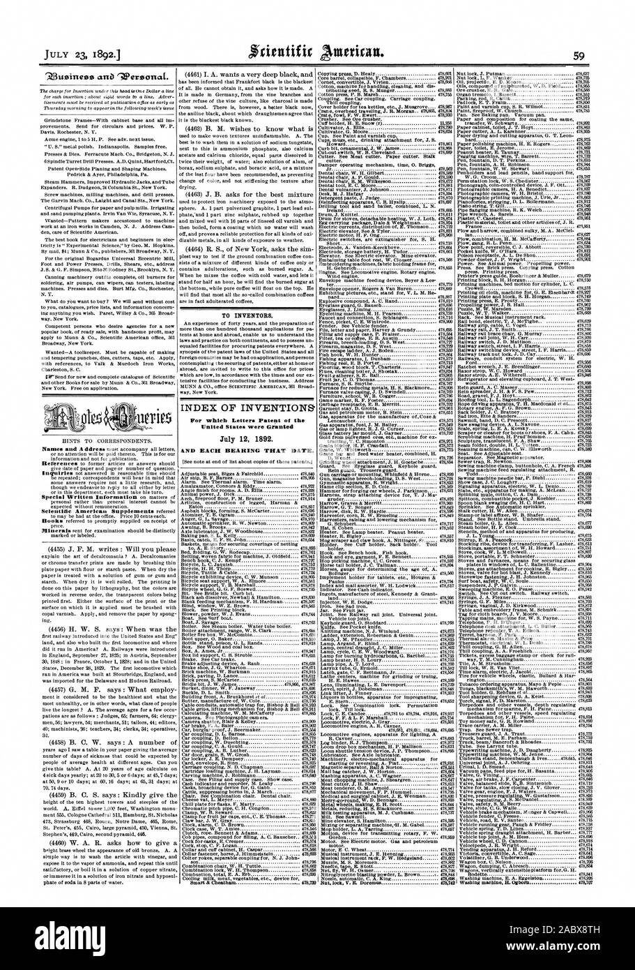 Per gli inventori. Indice delle invenzioni' per cui lettere di Brevetto degli Stati Uniti sono stati concessi il 12 luglio 1892. E ciascun cuscinetto che data., Scientific American, 1892-07-23 Foto Stock