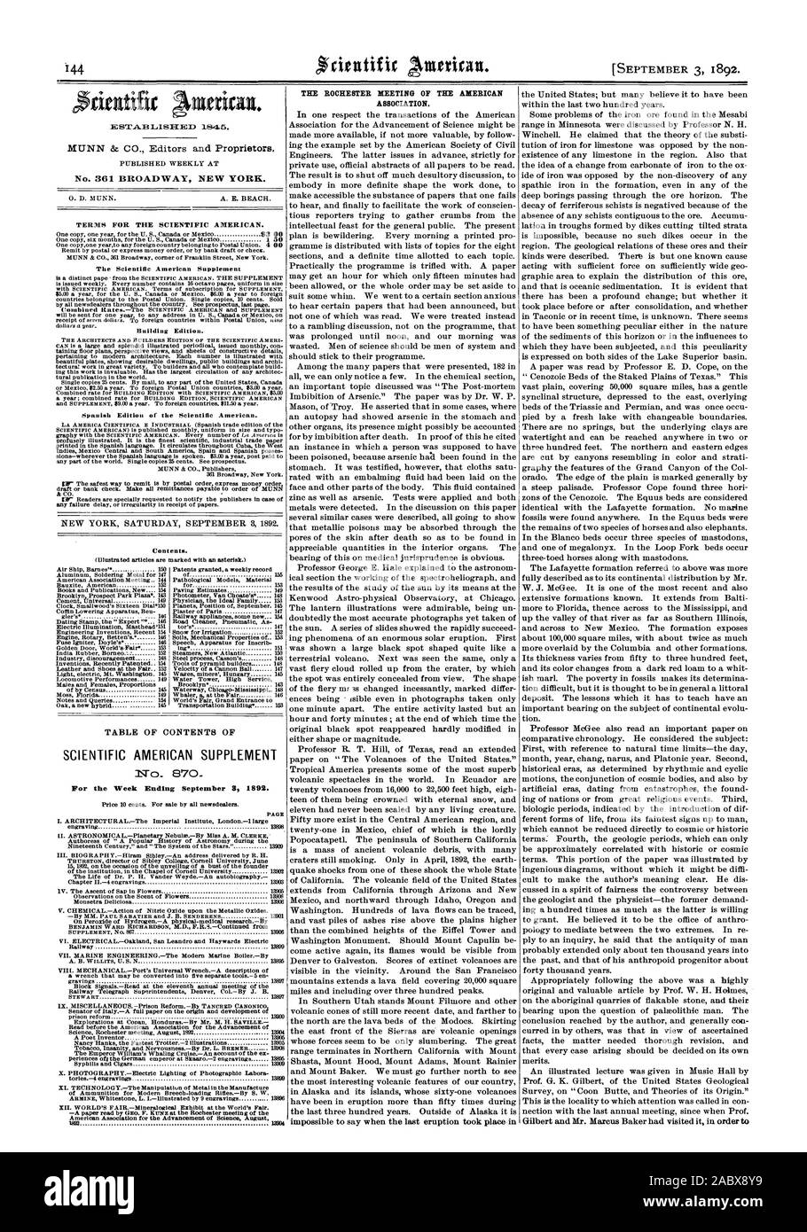 SCIENTIFIC AMERICAN supplemento n.  870 per il fine settimana di Settembre 81 1892. TEl ROCHESTER RIUNIONE DELLA ASSOCIAZIONE AMERICANA., 1892-09-03 Foto Stock