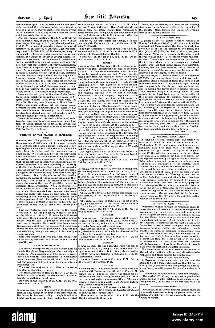 Posizioni dei pianeti nel mese di settembre. Una montagna di luce di ricerca. Precauzioni contro il colera., Scientific American, 1892-09-03 Foto Stock