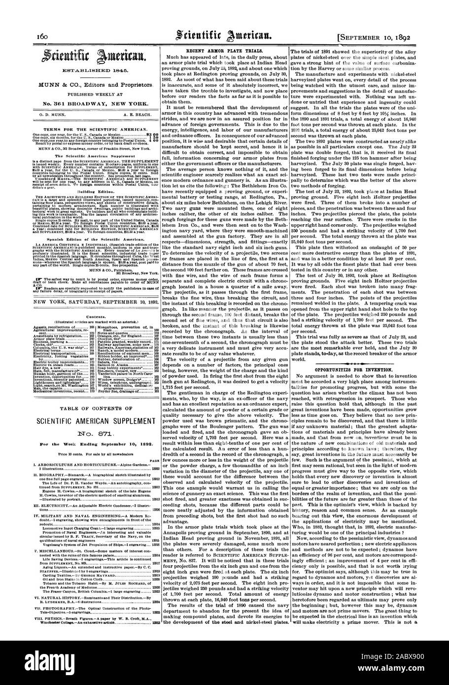 Settimana che Termina il 10 settembre 1892. Winchester College un esauriente articolo 13913 recenti piastra di armatura prove. Opportunità per invenzione., Scientific American, 92-09-10 Foto Stock