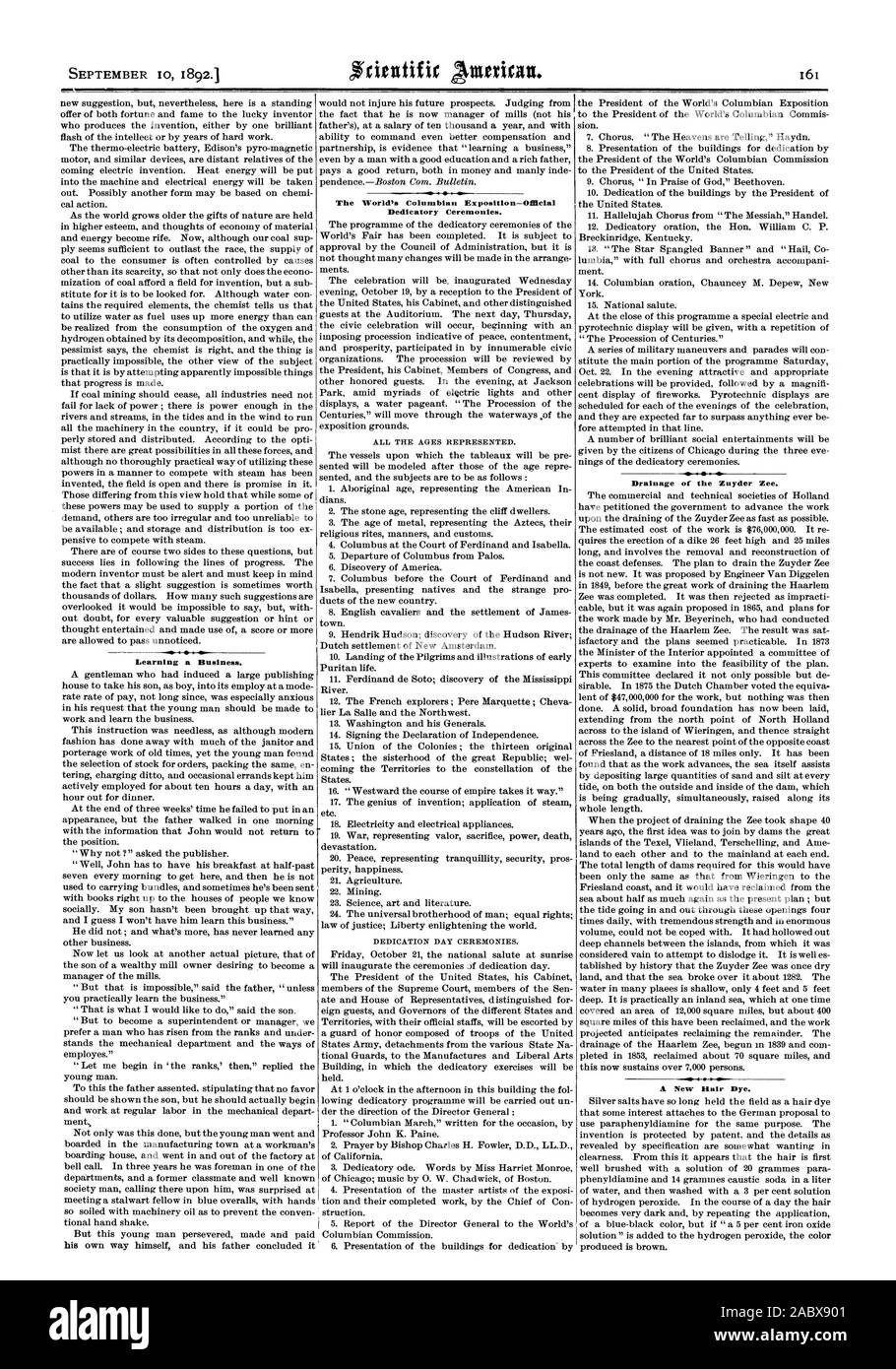 Apprendimento AMR un Business. Il mondo Exposition-Official colombiana dedicatario cerimonie. Il drenaggio del Zuyder Zee. Un nuovo colorante per capelli., Scientific American, 92-09-10 Foto Stock