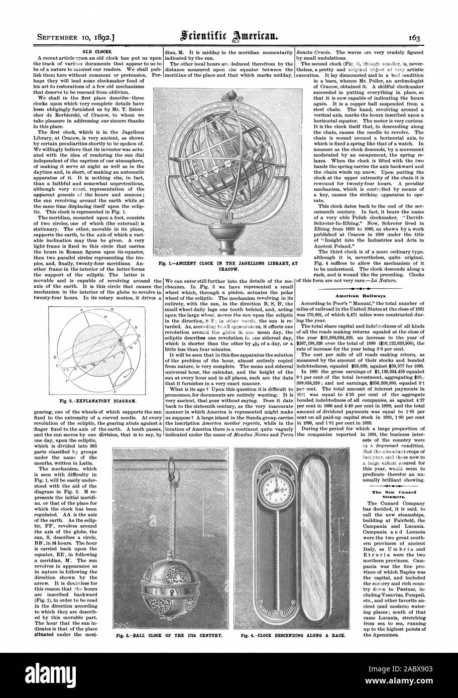 Settembre 1892 t. Vecchi orologi. Fig. 2diagramma esplicativo delle ferrovie americane. Il nuovo Cunard vaporizzatori. Fig. Orologio IANCIENT nella libreria JAGELLONS a Cracovia. La figura 4orologio scendendo lungo una cremagliera, Scientific American, 92-09-10 Foto Stock