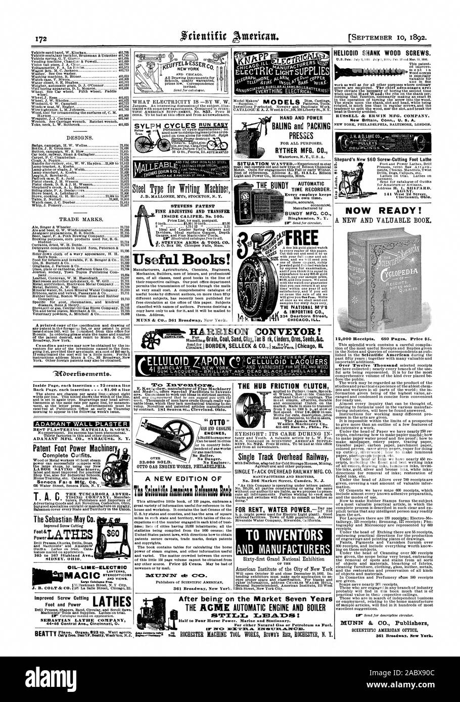 Disegni e modelli. Marchi commerciali. 9-Kbverfisements. All'interno di ciascuna pagina di inserimento - 75 centesimi una linea retro pagina ogni inserimento 61.00 una linea inflessibile INTONACO intonacatura migliore materiale noto. Inflessibile MTG. CO. Siracusa N. Y. piede di brevetto macchinari elettrici completare gli abiti. Risparmio di manodopera macchinari Seneca Fai.s Mfg. Co. Il TUSCARORA ADVER La Sebastian-May Co. F°'alimentazione torni 165 a 167 Highland Ave. SIDNEY 00. L'olio-calce-STEREOPTICONS elettrico e viste. Lane Cataluna. Libero. T. UN MUNN & CO. 361 Broadway New York. E. K su igsl ow produttore di macchinari Fine ' OTTO' QS E MOTORI DISOLINI caldaia n. GAS a ciclo Otto Foto Stock