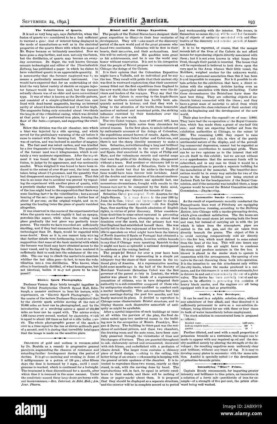 24 settembre 1892.1 la volatilizzazione di quarzo. Scintilla elettrica fotografia. Bristol e la esposizione di Chicago. Locomotiva Consumatori di fumo. Un Amidol Neu sviluppatore., Scientific American, 1892-09-24 Foto Stock