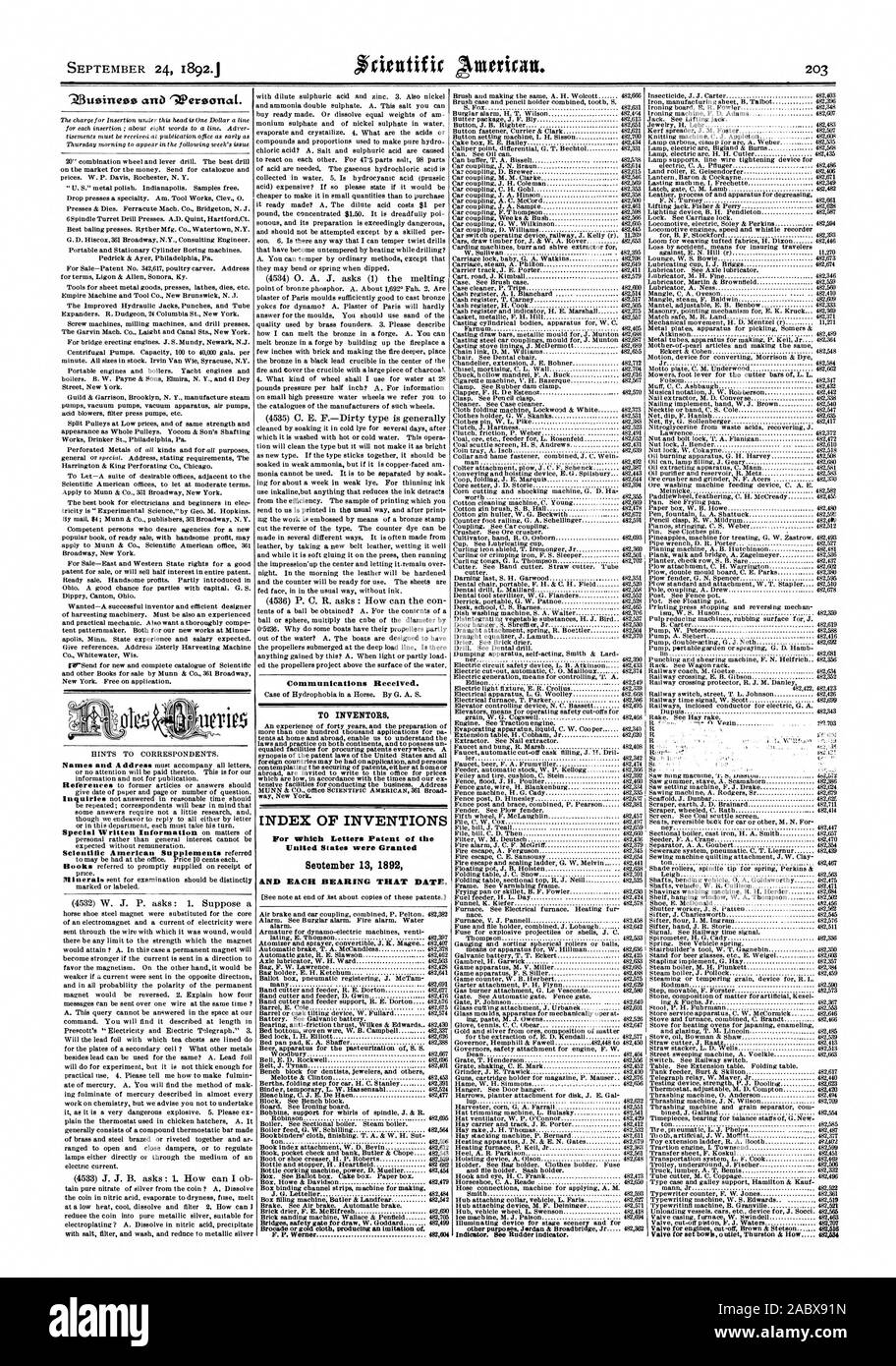 Settembre 24 18921 ey comunicazioni ricevute. Per gli inventori. Indice delle invenzioni negli Stati Uniti sono stati concessi SeDtember 13 1892 E CIASCUN CUSCINETTO A TALE DATA. Indicatore. Bee indicatore del timone., Scientific American, 1892-09-24 Foto Stock