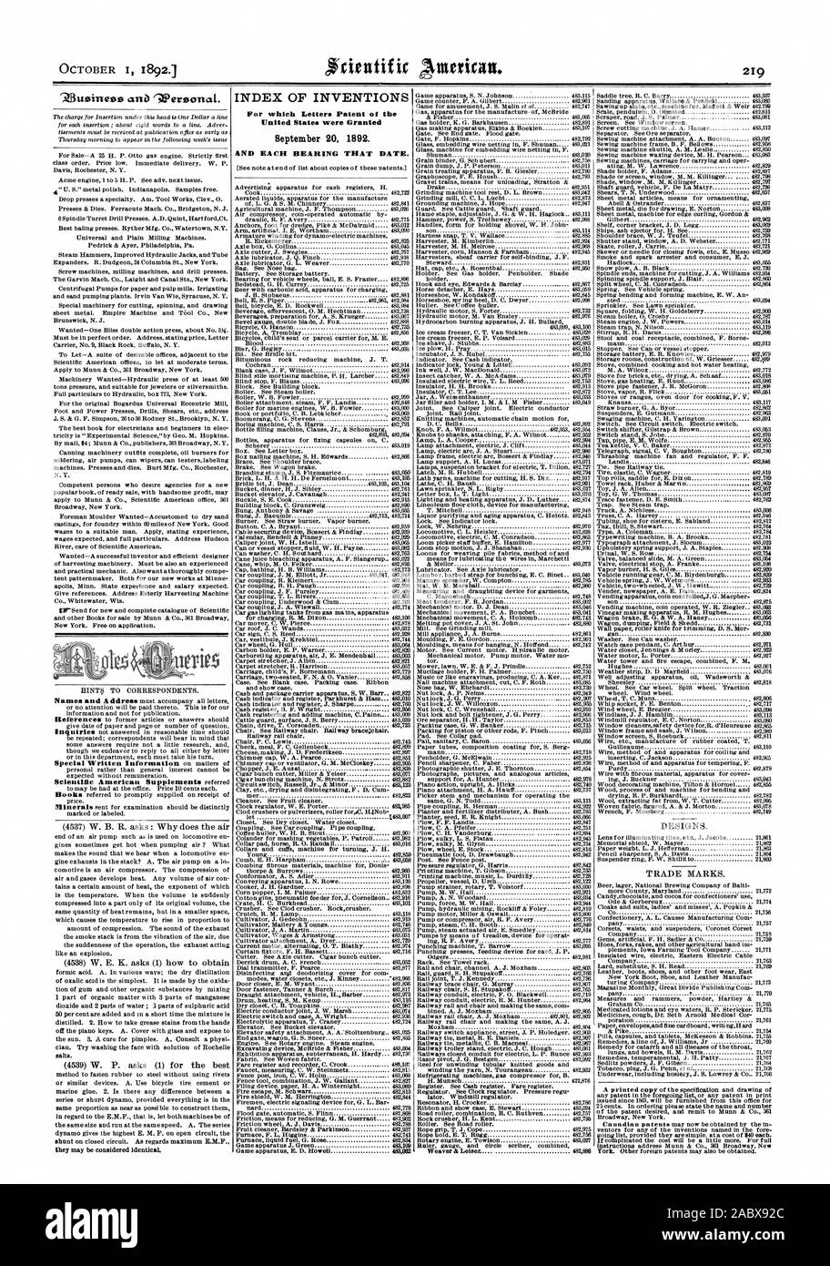 Indice delle invenzioni per le quali lettere di Brevetto degli Stati Uniti sono stati concessi il 20 settembre 1892. E ciascun cuscinetto che data., Scientific American, 1892-10-01 Foto Stock