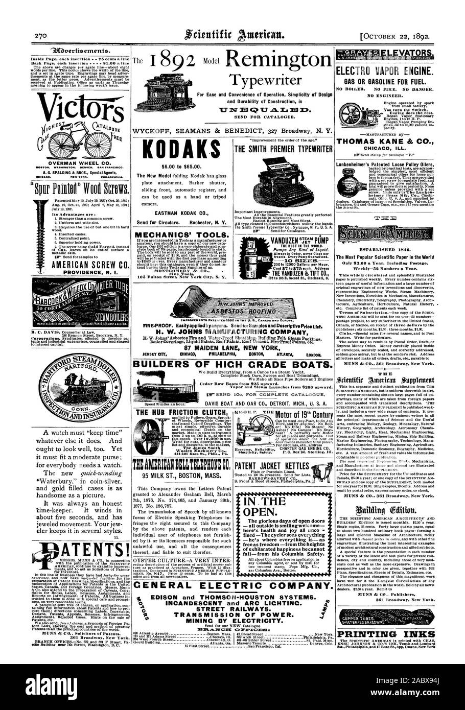 KODAKS $6.00 per $65.00. EASTMAN KODAK CO. Invio di circolari. Rochester N. Y. meccanica degli strumenti. MONTGOMERY & CO. Strumenti di fine 95 LATTE ST. BOSTON MASS. La SMITH PREMIER Nastri inchiostratori per macchine da scrivere il migliore al mondo. 10 dimensioni. 200a 12000 galloni all'ora. Il VANDUZEN TIFT & CO. 107 a 108 E. Secondo San Cincinnati 0. Brevetto Bollitori a Camicia in aperta. tutte fuori è sorridente benvenuto qui la salute e la gioia di tutti unco - multato -l'cycler vede tutto ciò che è libero come libertà - da altezze di esausti di felicità che egli non è in grado di cadere dalla sua Columbia sicurezza. Ruota OVERMAN CO. BOSTON. WASHINGTON. DENVER. SAN FRANCISCO Foto Stock