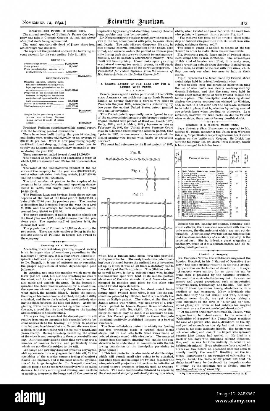 Il progresso e i profitti di Palace di automobili. Sbadigliare come un rimedio. Un Brevetto Francese dell'anno 1860 per un recinto di filo spinato. Da A. M. TANNER. Motori di una moderna nave da battaglia. :T)t 4 di alcol in chirurgia., Scientific American, 1892-11-12 Foto Stock