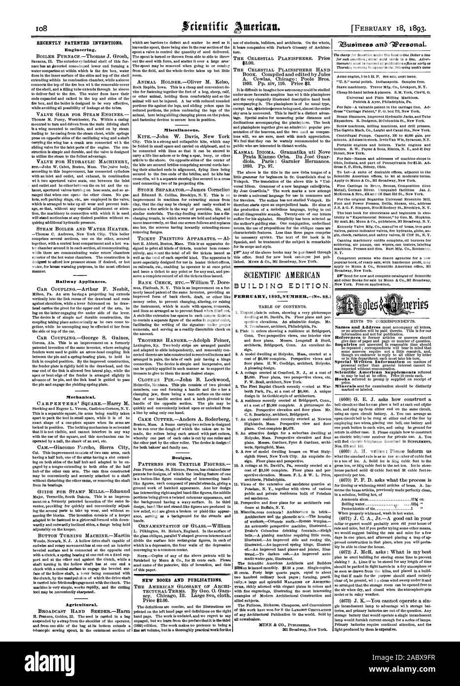 L'attrezzo può egli zonveniently affilati. Agricola. BROADCAST SEEDERHarM a mano e da un el& del sacchetto in corrispondenza del suo fondo si estende una semina telescopico tubo di lancio in sezione più esterna di varie. Disegni e modelli. Modelli per i tessili figure ornamentazione di GLASSWilliam nuovi libri e pubblicazioni. Il glossario americano di archi celesti mano PLAINSPHERE Scientific American edificio EDITION. Febbraio 1893 NUMERO(n. SS.) dei lavoratori-calcestruzzo templi roofsRoman tutti newsdealers. 381 Broadway New York. "Zluzinesis e '3:personale, 1893-02-11 Foto Stock