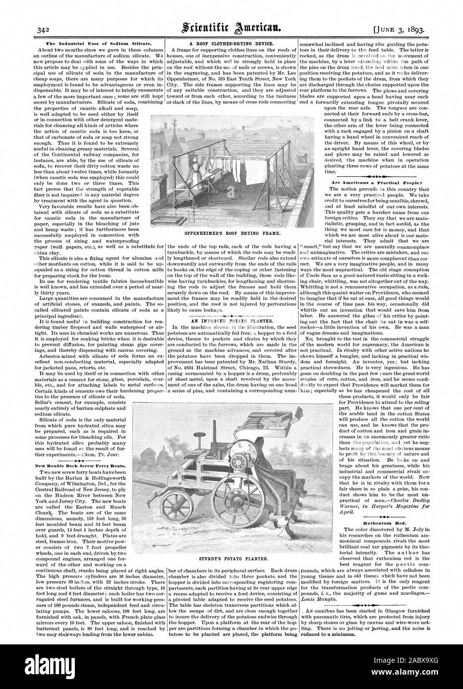 Gli usi industriali del silicato di sodio. Il nuovo deck doppia vite Traghetti. Una migliorata piantatrice di patate. La Robusta piantatrice di patate. Gli americani sono un popolo pratico? Rosso rutenio. OPPENHEIMER il tettuccio telaio di essiccazione., Scientific American, 1893-06-03 Foto Stock