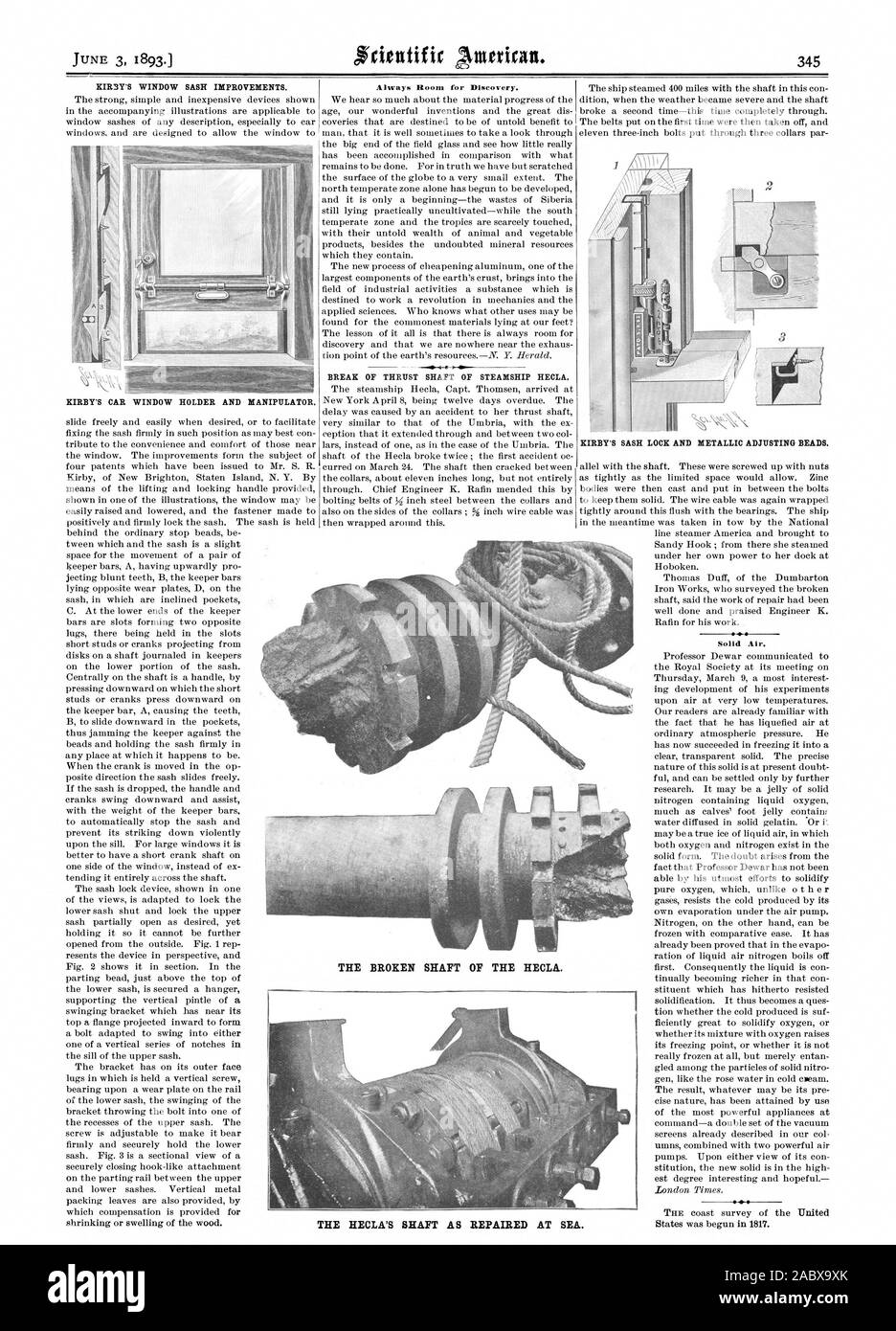 La RIMY anta di finestra miglioramenti. KIRBY LA FINESTRA AUTO TITOLARE E manipolatore. contrazione o rigonfiamento del legno. Sempre spazio per la scoperta. Rottura dell'albero di spinta del piroscafo HECLA. KIRBY S anta blocco metallico e perline di regolazione. Aria solido. Gli Stati è stata iniziata nel 1817. L'albero rotto del HECLA LA HECLA l'albero come riparati in mare., Scientific American, 1893-06-03 Foto Stock