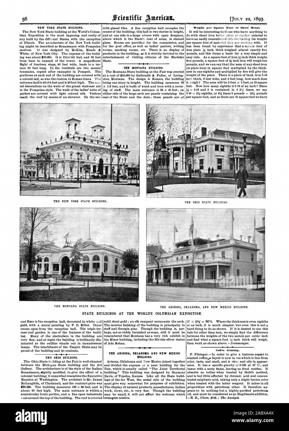 NEW YORK State building. Peso per piede quadrato di metallo di foglio. Il New York State building. Il Montana di Stato edificio. La Ohio State building. La Arizona Oklahoma e del Nuovo Messico Costruzione di edifici statali al mondo del Columbian Exposition. La Ohio edificio. Edificio. Vetri di caffè., Scientific American, 1893-07-22 Foto Stock