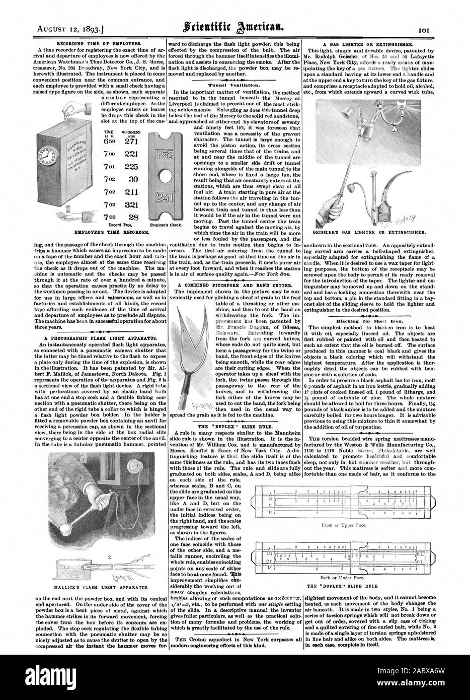 Tempo di registrazione di dipendenti. Un flash fotografico apparecchio di luce. Ventilazione Tunnel. Un combinato di forcone e banda fresa. Un accendino a gas o un estintore. GEISSLER'S accendino a gas o un estintore. Oscuramento per ferro di foglio. Registrare Tam dipendente del Registratore in tempo. B IM 1 sfeememerreemmeRee 6 6, Scientific American, 1893-08-12 Foto Stock