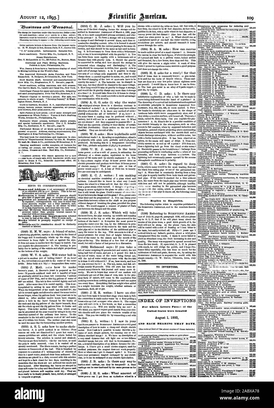 Per gli inventori. Indice delle invenzioni negli Stati Uniti sono stati concessi 1 Agosto 1893 &ND OGNI UDIENZA CHE LA DATA. Horne viaggio per il rilascio C. C. Drake lioroe R. De Bieken aria, Scientific American, 1893-08-12 Foto Stock