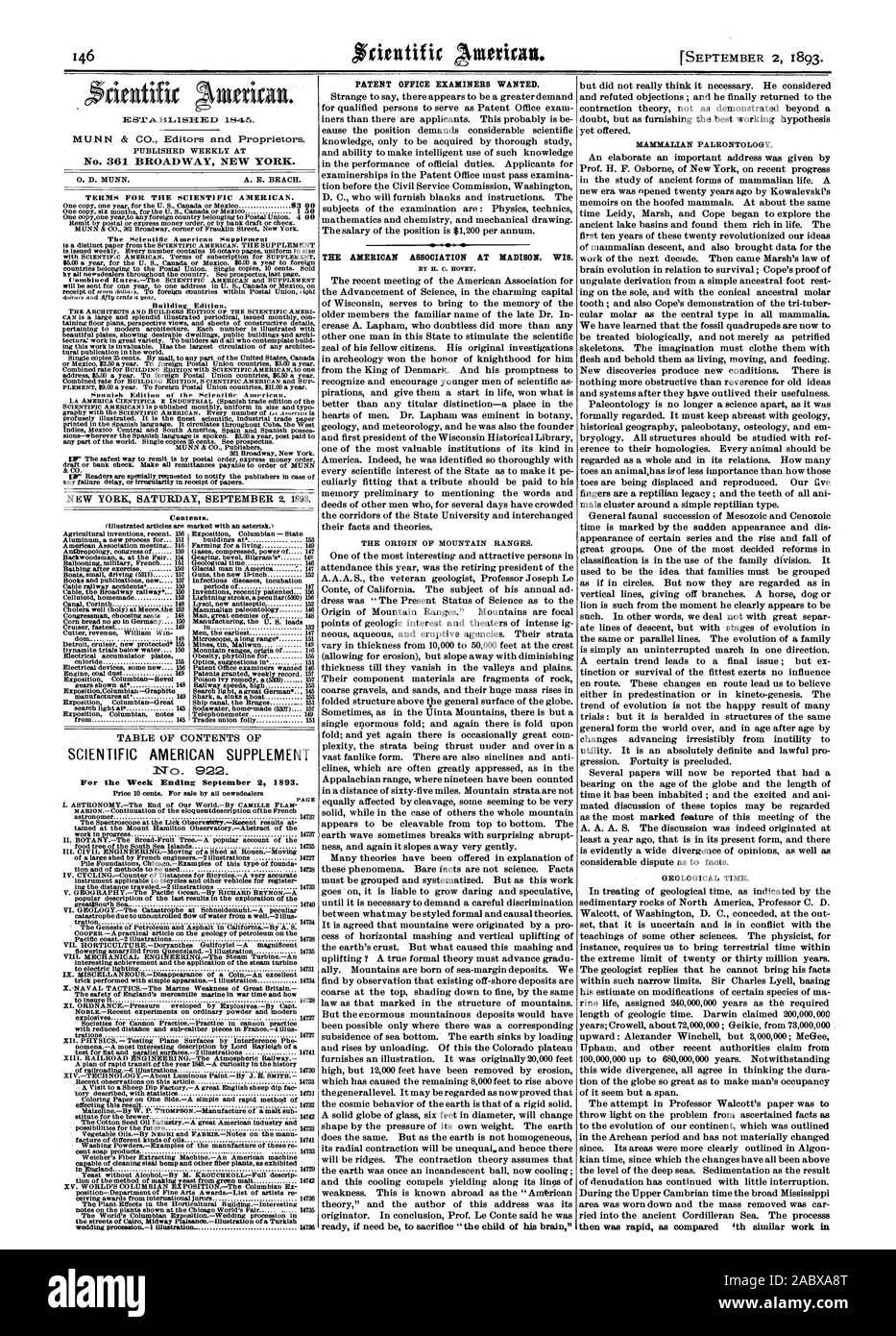 Settimanale pubblicata al n. 361 Broadway New York. 0. D. MUNN. A. E. BEACH. SCIENTIFIC AMERICAN supplemento per la settimana che termina il 2 settembre 1893. L'Ufficio Brevetti esaminatori voluto. La ASSOCIAZIONE AMERICANA A MADISON WIS. L'origine delle gamme della montagna. Paleontologia dei mammiferi. Tempo geologico., 1893-09-02 Foto Stock