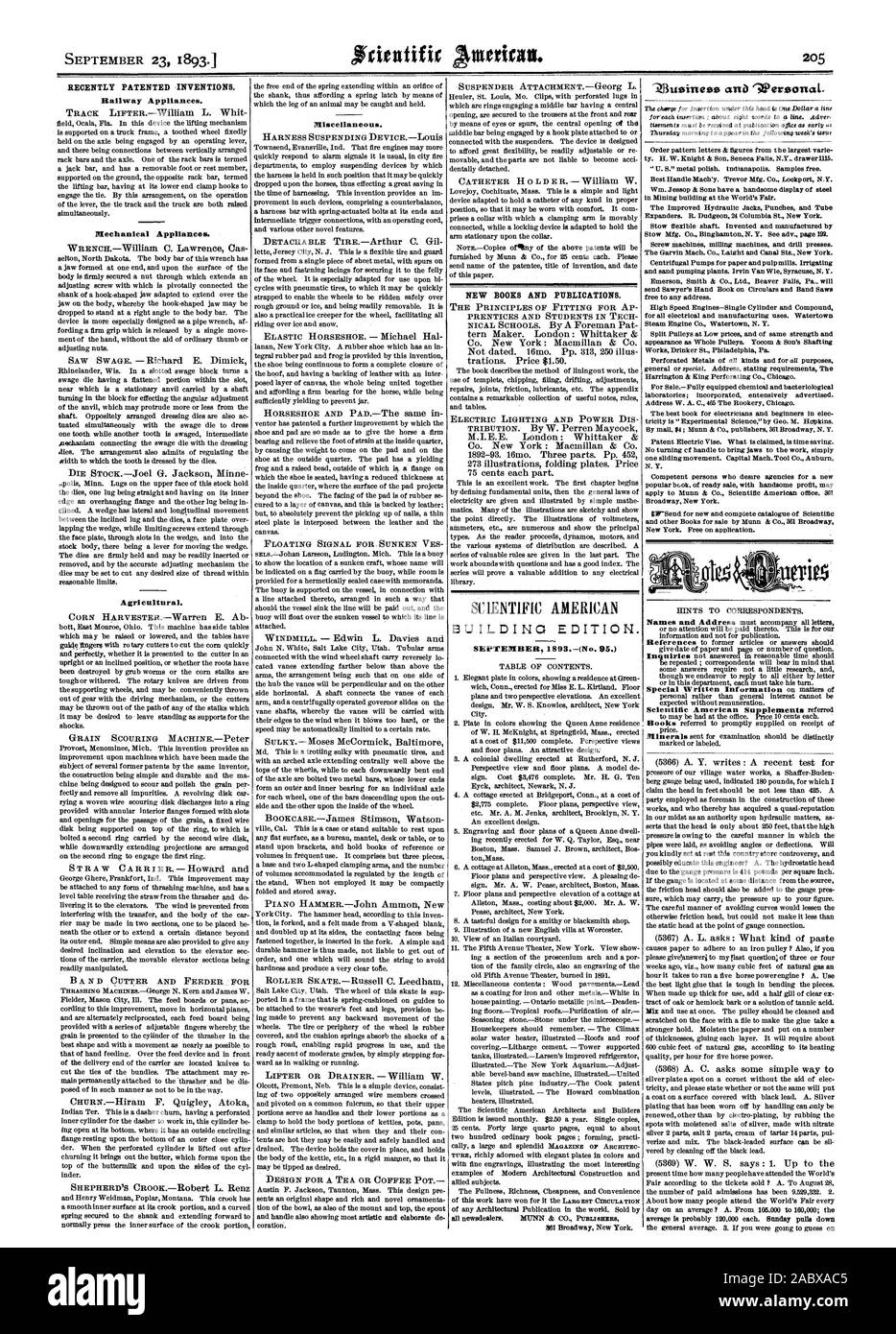 Il 23 settembre 1893. Recentemente invenzioni brevettate. Apparecchi di corridoio. Nuovi libri e pubblicazioni. Costruzione di edizione. Settembre 1893(n. 95.), Scientific American, 1893-09-23 Foto Stock