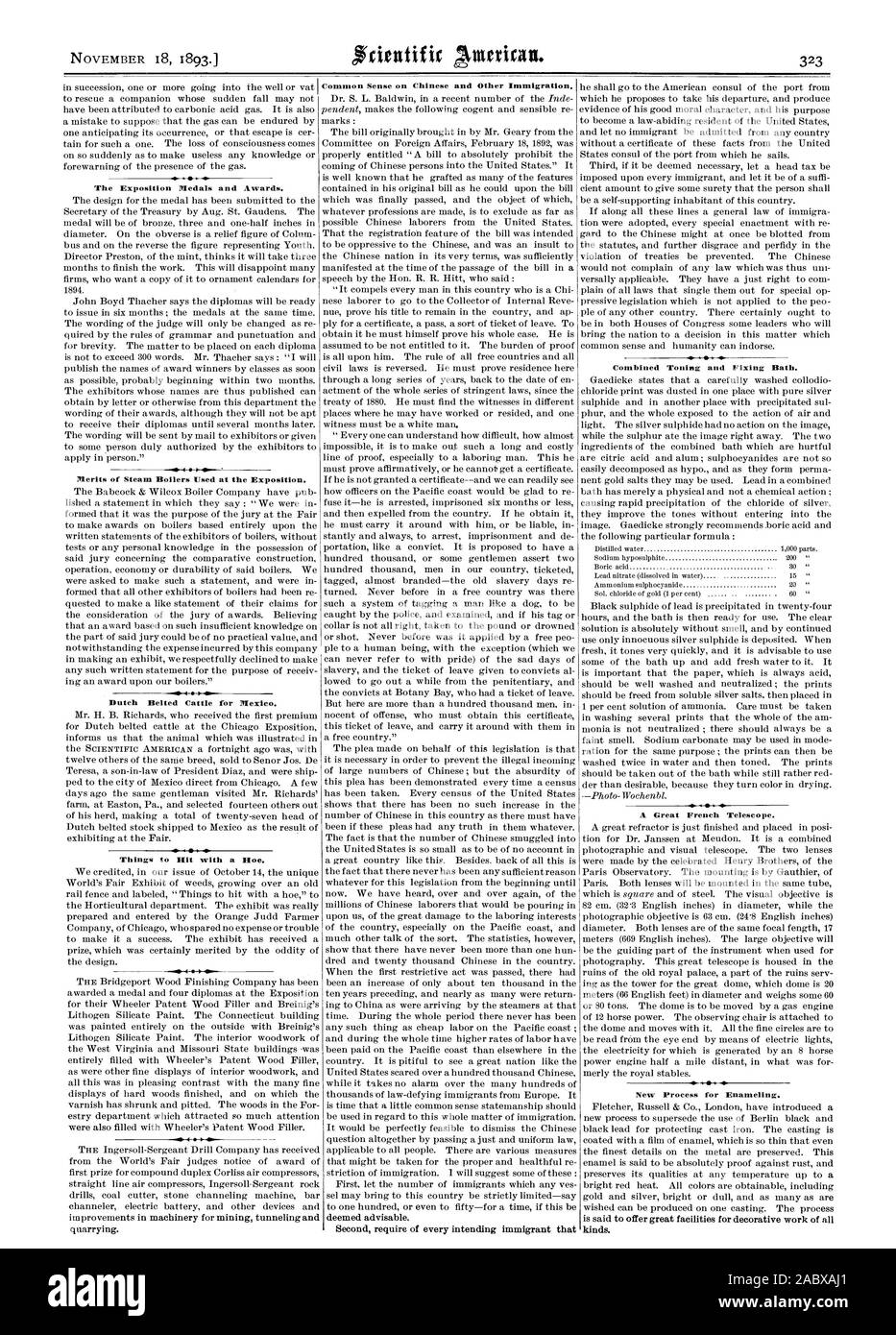L Ostensione delle medaglie e dei premi. Meriti di caldaie a vapore utilizzati in esposizione. Butch Belted bovini per il Messico. Cose da colpire con una zappa. estrazione. Il senso comune sul Cinese e altre immigrazioni. ritenuto opportuno. Secondo richiedono di ogni intenzione immigrato combinata che lavorando duramente e bagno di fissaggio. Un grande telescopio francese. Nuovo processo di smaltatura. tipi., Scientific American, 1893-11-18 Foto Stock