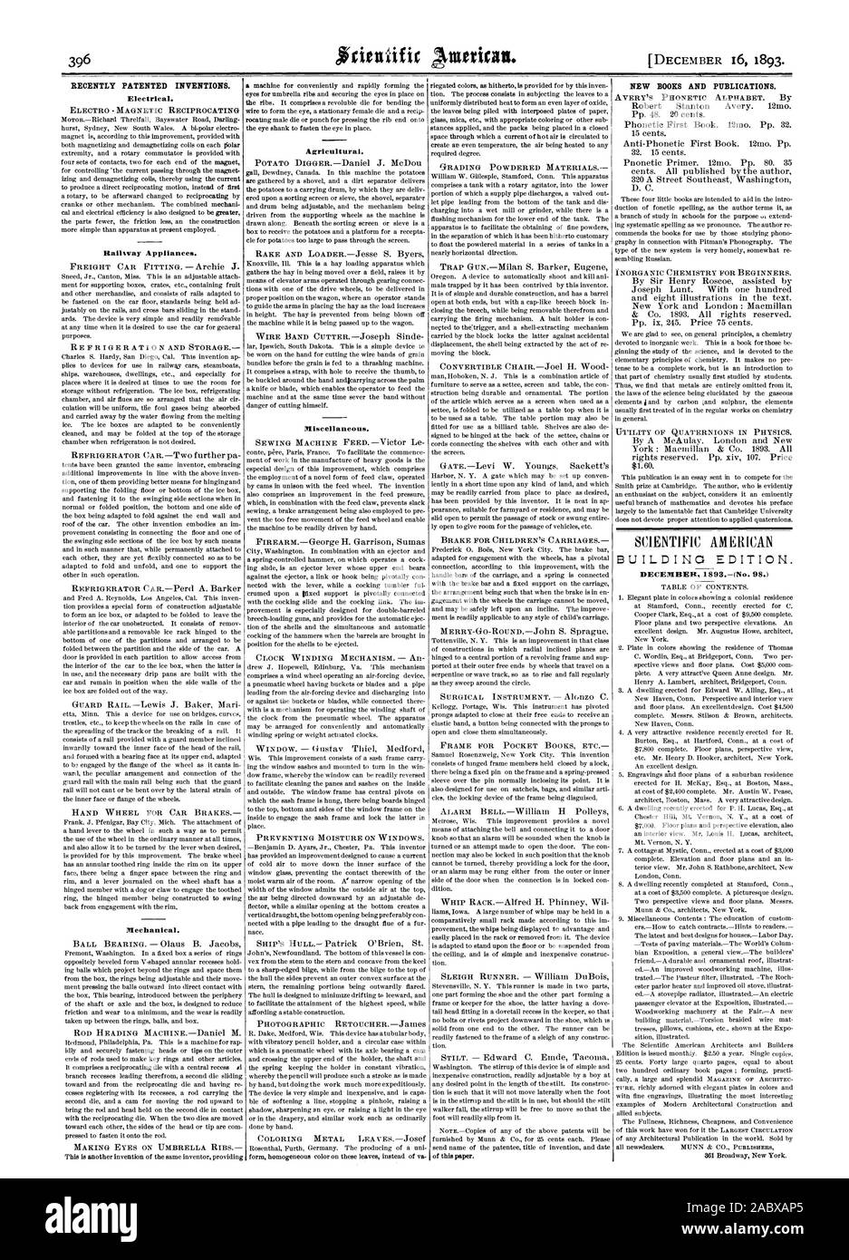 Recentemente invenzioni brevettate. Elettrico. Elettro-magnetico ferroviario alternativo apparecchi. Impianti di refrigerazione e di memorizzazione ruota a mano per auto freni meccanici. Agricola. Varie. di questa carta. Nuovi libri e pubblicazioni. Dicembre 1893(n. 98.), Scientific American, 1893-12-11 Foto Stock