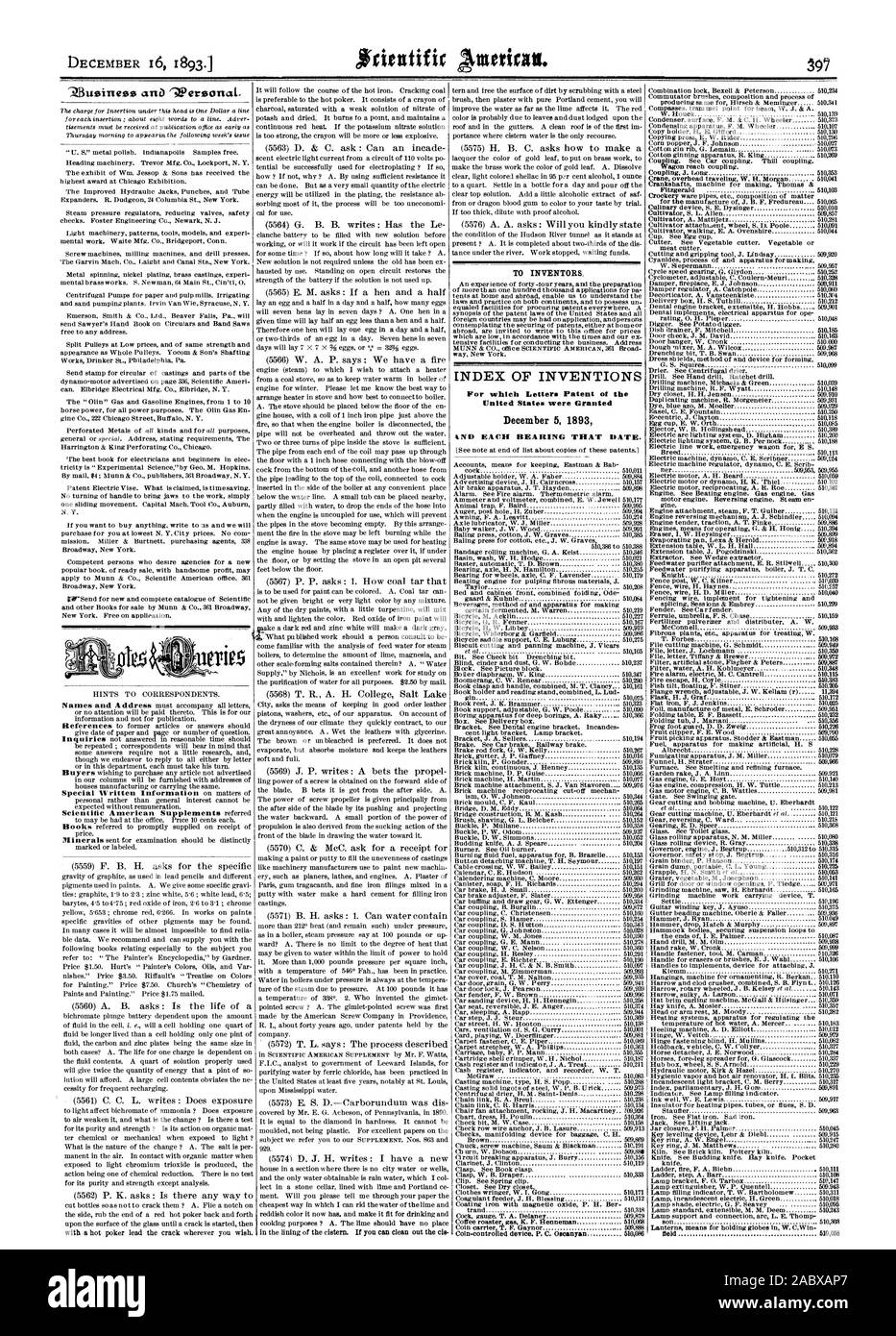 Il 16 dicembre 1893. "Zitisiness un '4:personale. Per gli inventori. Indice delle invenzioni per le quali lettere di Brevetto degli Stati Uniti sono stati concessi il 5 dicembre 1893 e ogni cuscinetto che data. Coln-dispositivo controllato. P. C. Oscsaysu 510086, Scientific American, 1893-12-16 Foto Stock