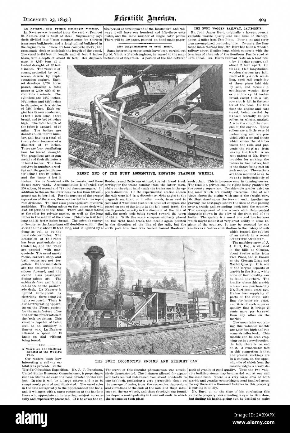 La Navarre nuovo passeggero francese sistema di cottura a vapore. La magnetizzazione di guide in acciaio. La BURT ferrovia in legno della California. Estremità anteriore del BURT locomotore mostra FLAN GED RUOTE. A. LAVORI sulla ferrovia esporre alla fiera mondiale. la commozione ha preso posto. ma trovando la sua salute fornendo fuori egli ha deciso di fare di Burt motore locomotiva e nolo auto, Scientific American, 1893-12-23 Foto Stock