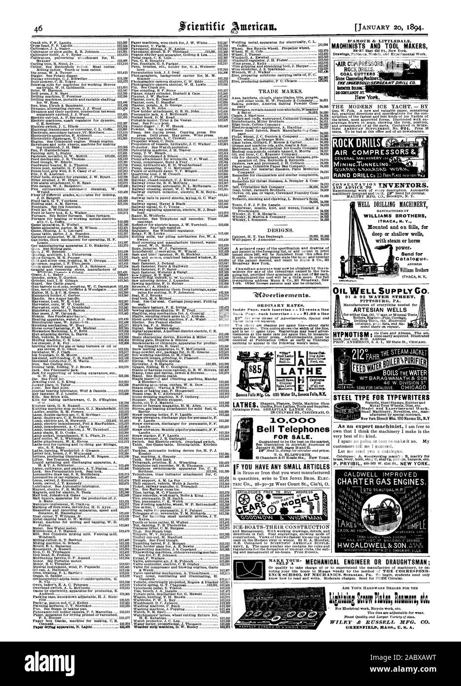 PITTSBURG PA. Pozzi ARTESIANI AL TIPO IN ACCIAIO PER LE MACCHINE DA SCRIVERE ho di ricambio senza dolori o costo per farlo. I miei clienti mi dicono che ho il successo. Permettetemi di inviarvi un catalogo. CALDWELL CARTA MIGLIORATI I MOTORI A GAS. "' GAZOLNI  liV41 E EGLI ORD R TORNIO Telefoni a campana per la vendita. Se si dispone di qualsiasi piccolo articoli Co000NON N ViNKC NA UN 4. ee MARCHI. Design., Scientific American, 1894-01-20 Foto Stock