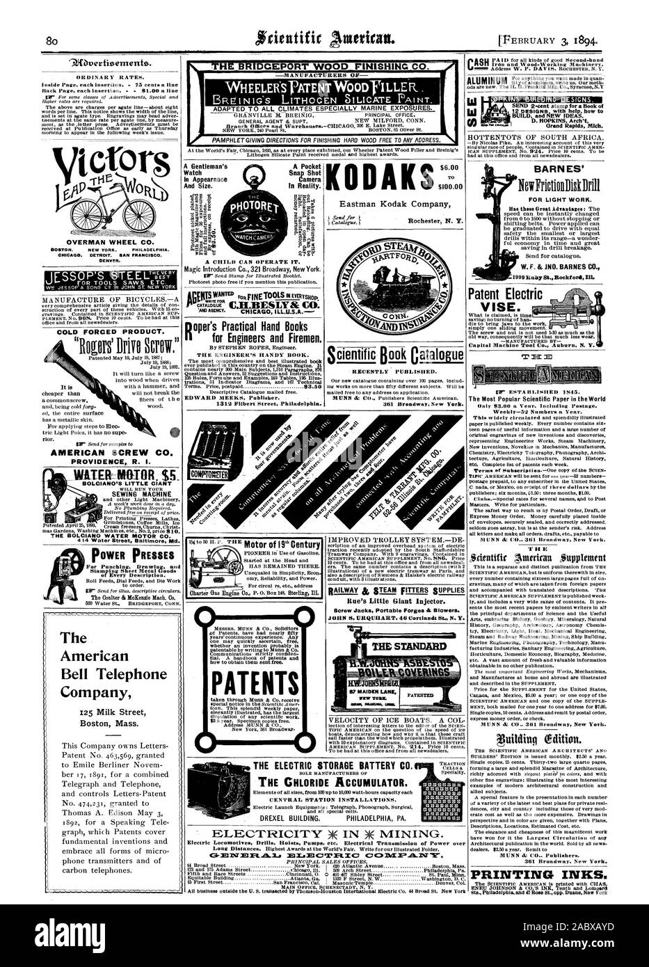 Ruota OVERMAN CO. Forzato A FREDDO PRODOTTO. il mio vite americana CO. La provvidenza R. I. Il 1 BOLCIANO'S LITTLE GIANT ACQUA BOLCIANO MOTOR CO. La American Bell Telephone Company su ferro e Wood-Working macchinari. 01) D. HOPKINS Arch't IsIVH EELER DEL BREVETTO WOODTI LLE . Ha pubblicato di recente. 361 Broadway New York. Rue's Little Giant iniettore. La batteria elettrica CO. Il cloruro di accumulatore. Stazione centrale di installazioni. DREXEL BUILDING Philadelphia PA. Locomotive elettriche Trapani montacarichi pompe etc. Trasmissione elettrica di potenza al di sopra di una tasca di farlo funzionare. D su s pratico libri a mano Foto Stock