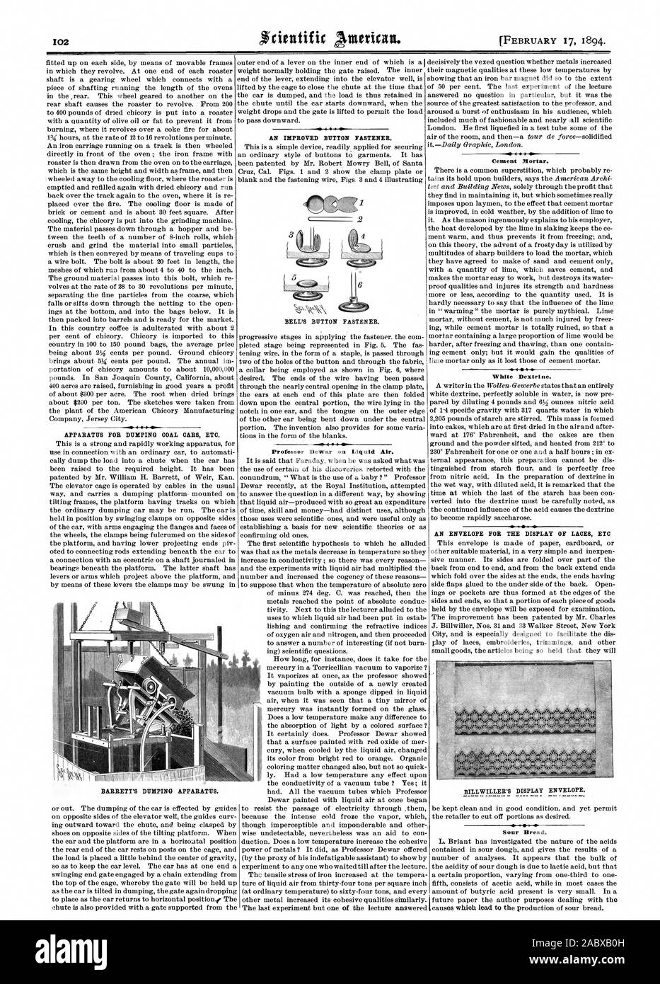 Apparecchiatura per il carbone di dumping auto ecc... Un bottone perfezionato dispositivo di fissaggio. Il Professor Dewar su aria liquida. BILLWILLER DISPLAY della busta. Sour pane. BARRETT APPARATO DI DUMPING. Campana il pulsante del dispositivo di fissaggio. Malta cementizia. White Dextri ne. Una busta per la visualizzazione dei lacci ETC, Scientific American, 1894-02-17 Foto Stock