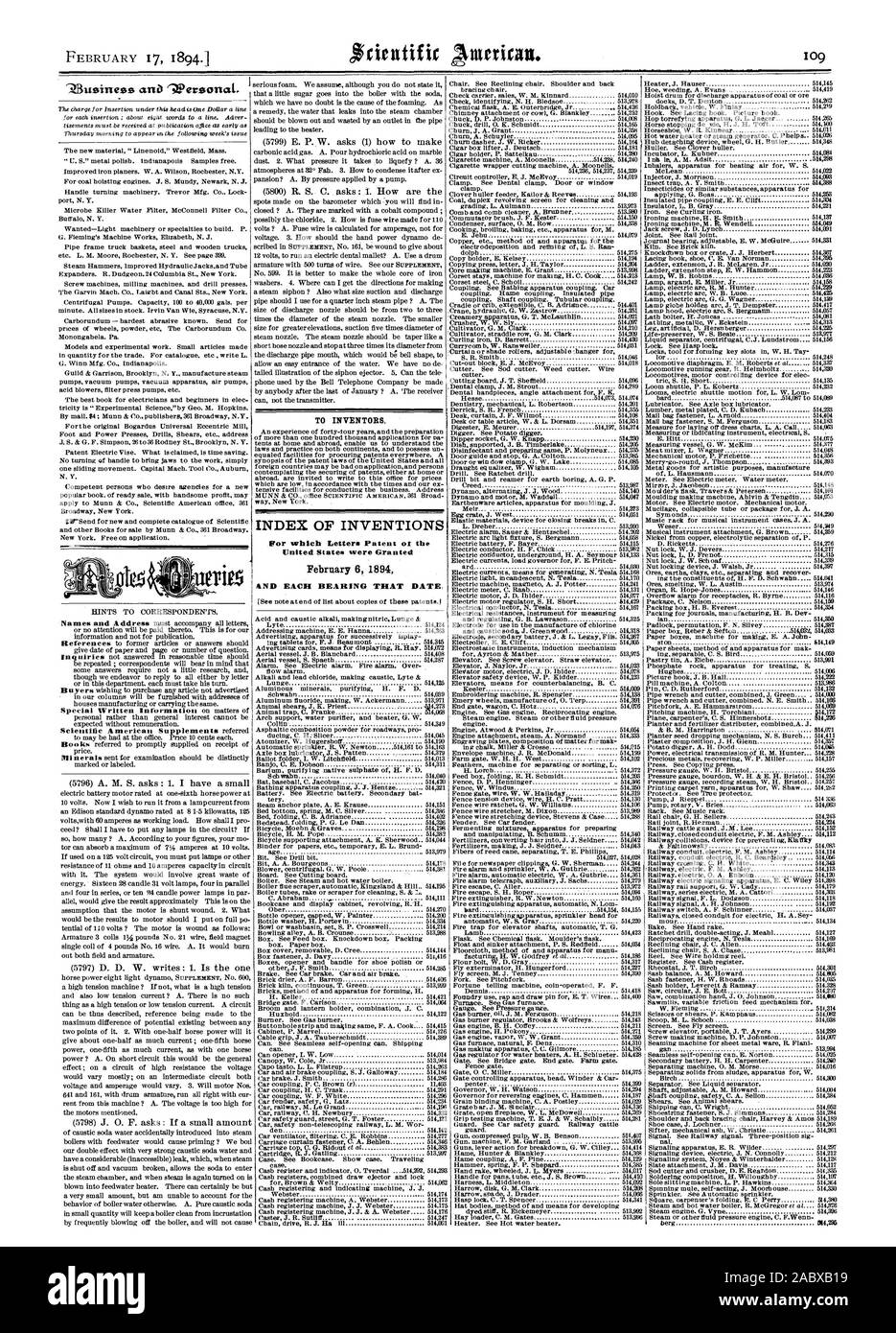Per gli inventori. Indice delle invenzioni Febbraio 6 1894 &ND ogni cuscinetto che data., Scientific American, 1894-02-17 Foto Stock