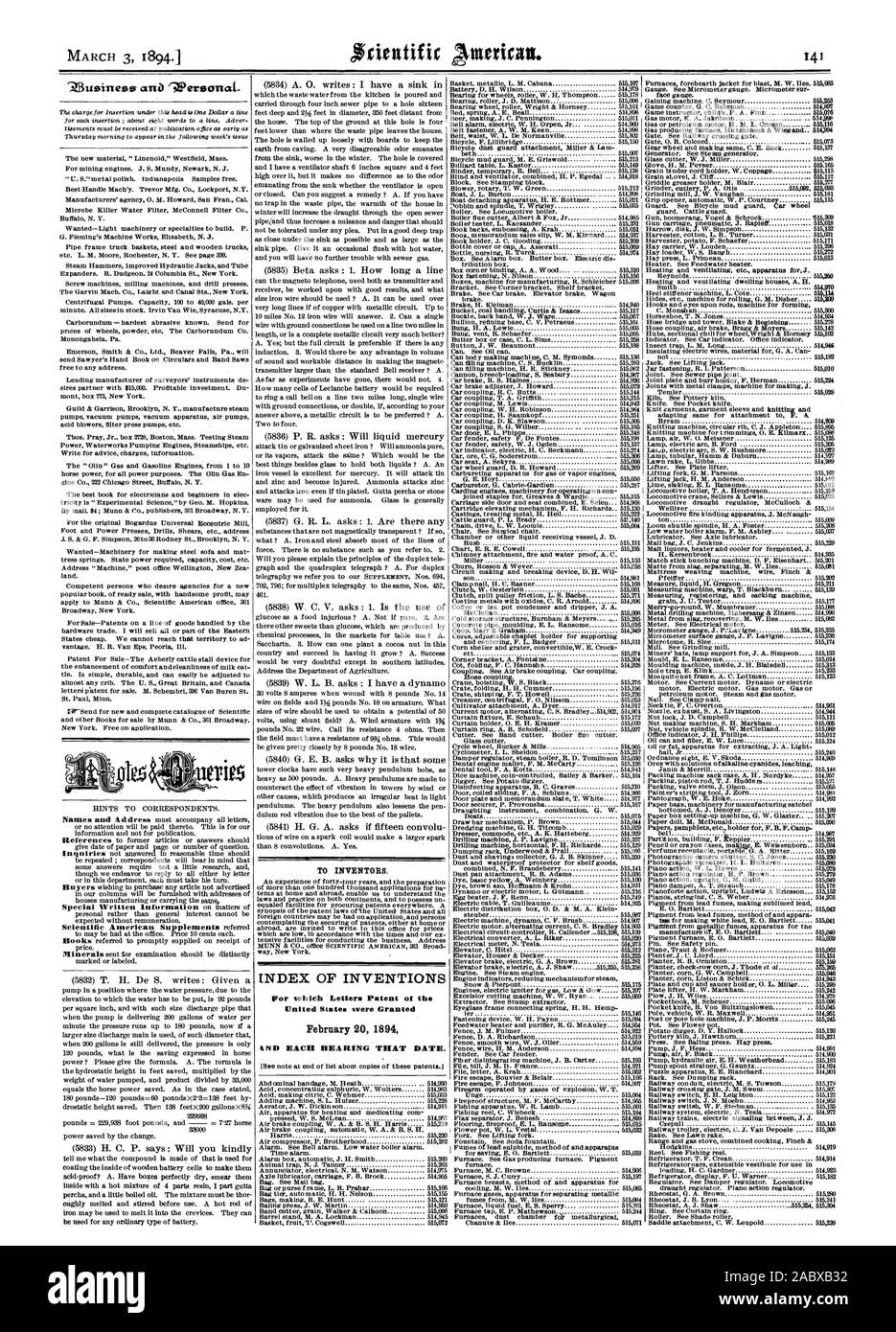 Per gli inventori. Indice delle invenzioni per le quali lettere di brevetto oi negli Stati Uniti sono stati concessi 20 febbraio 1894, Scientific American, 1894-03-03 Foto Stock