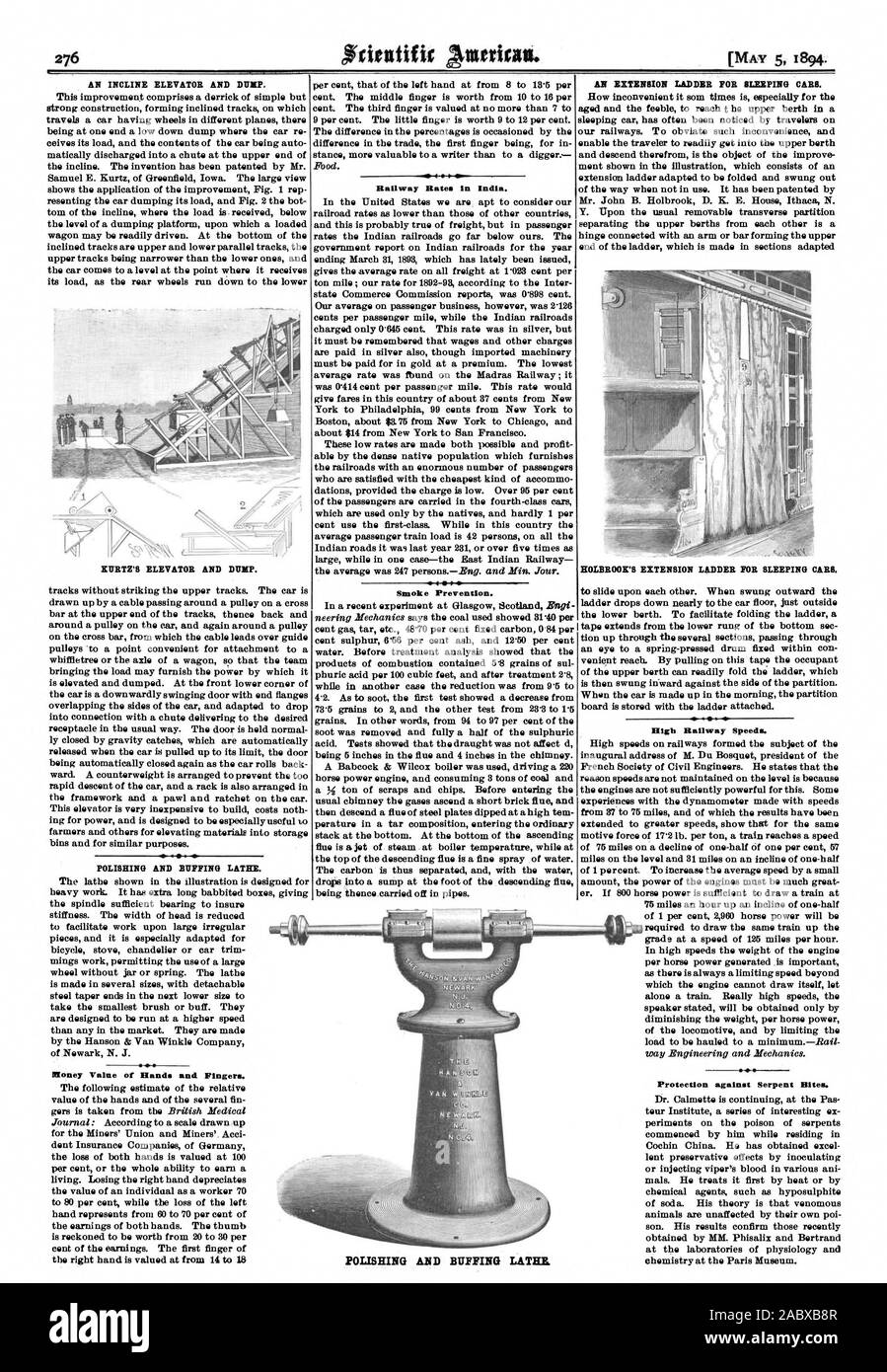 Un pendio ascensore e la mappa. Levigatura e lucidatura di tornio. Il valore monetario di mani e dita. Tariffe ferroviarie in India. Prevenzione del fumo. Un'estensione scaletta PER VETTURE LETTO. HOLBROOK prolunga della scaletta per BLEEPING vetture. HIgli Velocità ferroviaria. Protezione contro i morsi di serpente. Levigatura e lucidatura assicella, Scientific American, 1894-05-05 Foto Stock