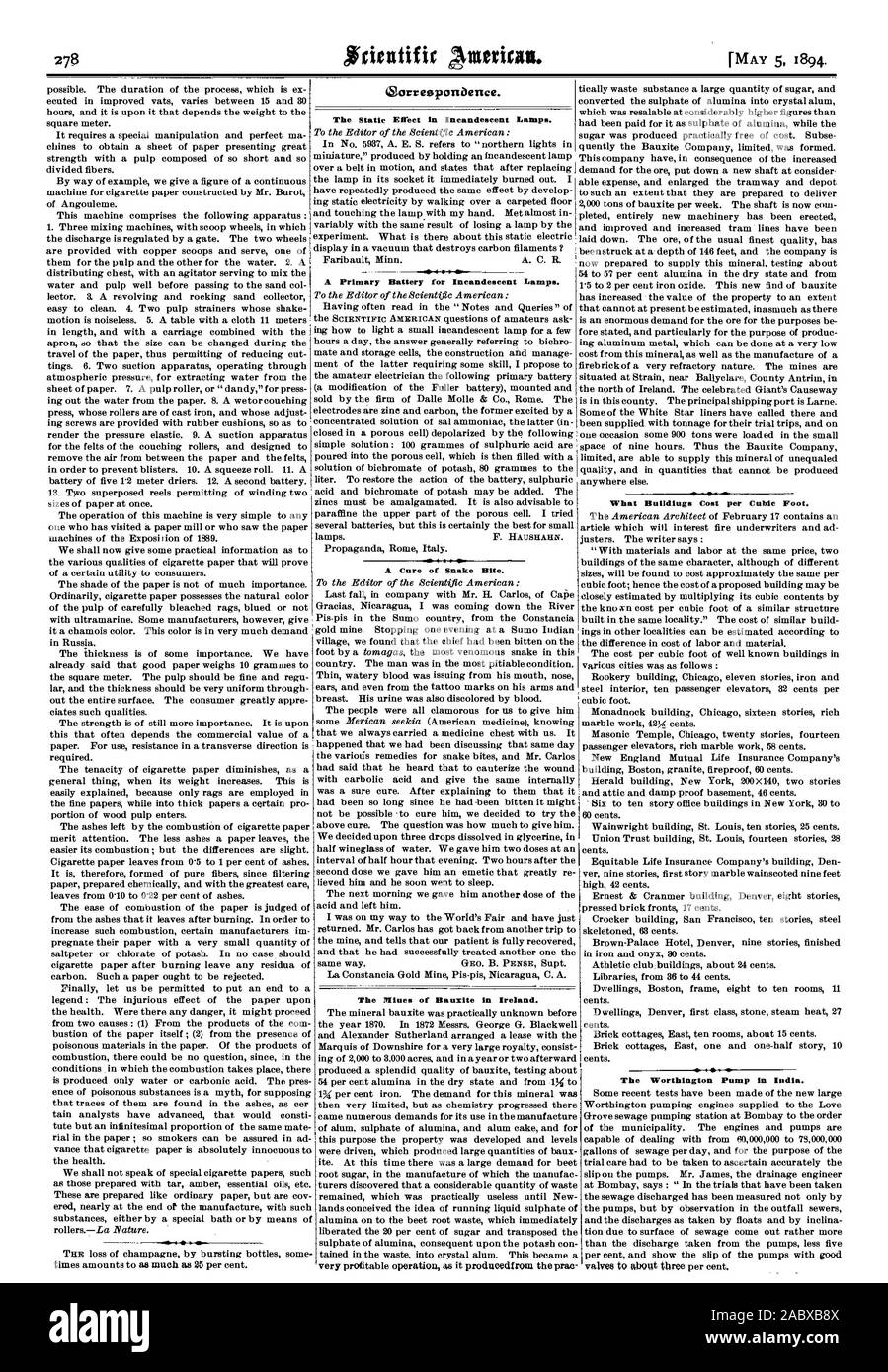 Orresponaence. L'effetto statico nelle lampade ad incandescenza. Una batteria primaria per le lampade ad incandescenza. Una cura di Snake Bite. Le miniere di bauxite in Irlanda. molto redditizio come producedfrom il prac Worthington pompa in India., Scientific American, 1894-05-05 Foto Stock