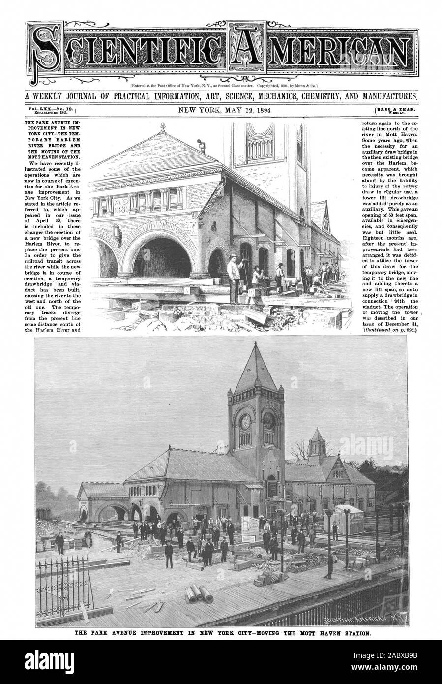 Il collegamento con il viadotto. L'operazione di muovere la torre fu deficribed nel nostro problema di dicembre 31 il PARK AVENUE MIGLIORAMENTO IN NEW YORK CITY-spostando il MOTT HAVEN STAZIONE., Scientific American, 1894-05-12 Foto Stock