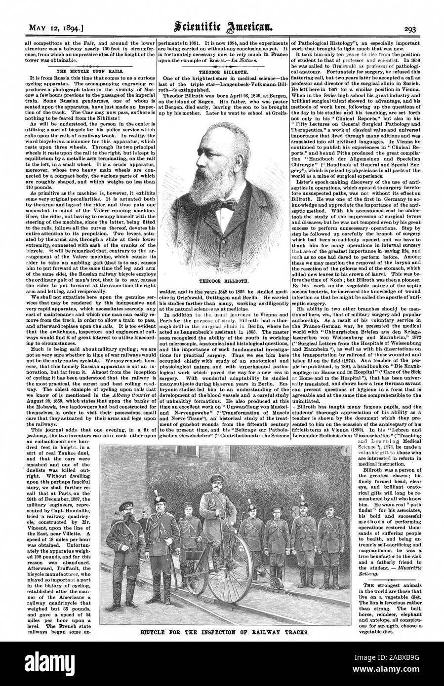 Il 12 maggio 1894 la bicicletta su rotaie. 4 t THEODOR BILLROTH. THEODOR BILLROTH. . Le biciclette per l ispezione di binari ferroviari., Scientific American, 1894-05-12 Foto Stock