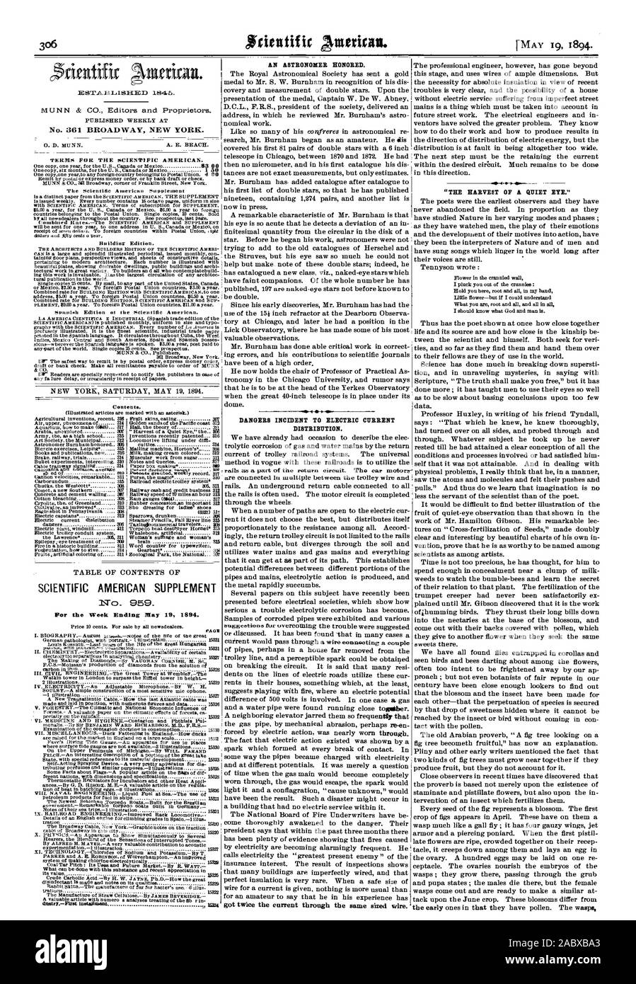 Mix di actina Scientific American supplemento per la settimana che termina il 19 maggio 1894. Un astronomo onorato. "Il raccolto di una tranquilla occhio.' pericoli incidente alla distribuzione di corrente elettrica. ha ottenuto il doppio della corrente attraverso lo stesso cavo di dimensioni., 1894-05-19 Foto Stock