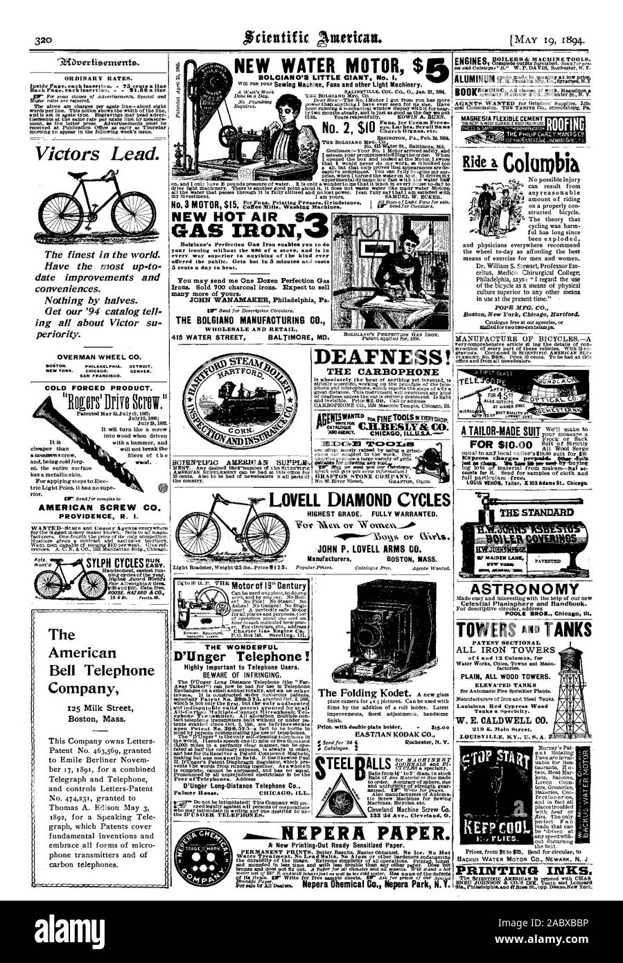 Saldatore a gas il BOLGIANO Manufacturing Co. La sordità! Il CARBOPHONE IicrII PIi come LOVELL cicli di diamante di qualità più alta. Pienamente giustificata. JOHN P. LOVELL BRACCI CO. I produttori di massa di Boston. Carta AmmNEPERA. Il meraviglioso D'Unger telefono ! Molto importante per gli utenti di apparecchi telefonici. Attenzione di violare. D'Ungbr a lunga distanza Telephone Co. EASTMAN KODAK CO. Boston New York Chicag Hartford. Sede CIAO SY LOWAKT. AL astronomia per $10.00 plain tutte le torri di legno. W. E. CALDWELL CO. Tutte le torri di ferro inchiostri di stampa KEFP COOL rtars., Scientific American, 1894-05-19 Foto Stock