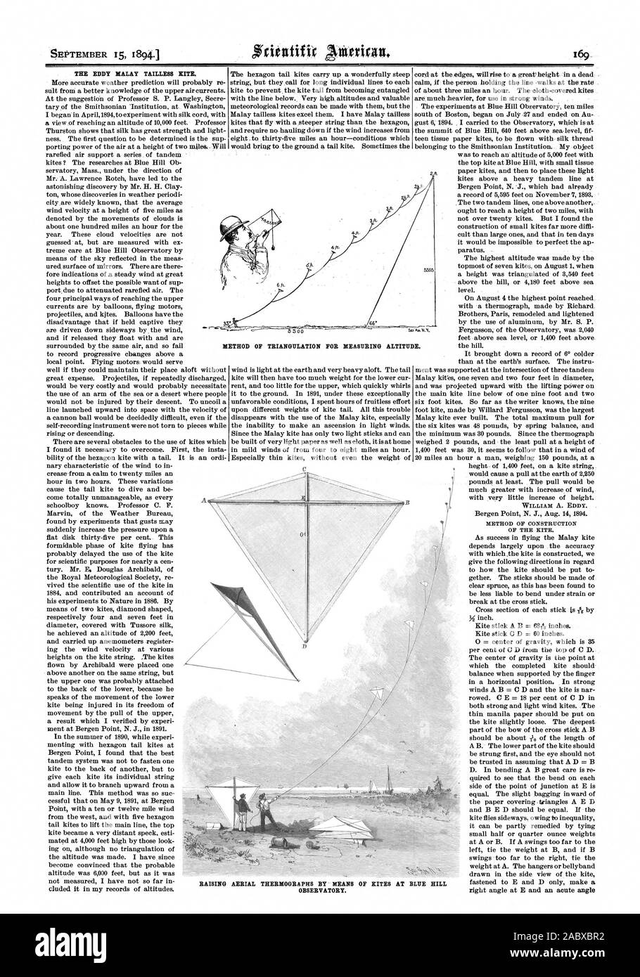 Il 15 settembre 1894. La EDDY TAILLESS MALAY KITE. Metodo di costruzione del kite. Metodo di triangolazione per la misurazione di altitudine. Antenna di sollevamento termografi per mezzo di aquiloni A BLUE HILL OSSERVATORIO., Scientific American, 94-09-15 Foto Stock