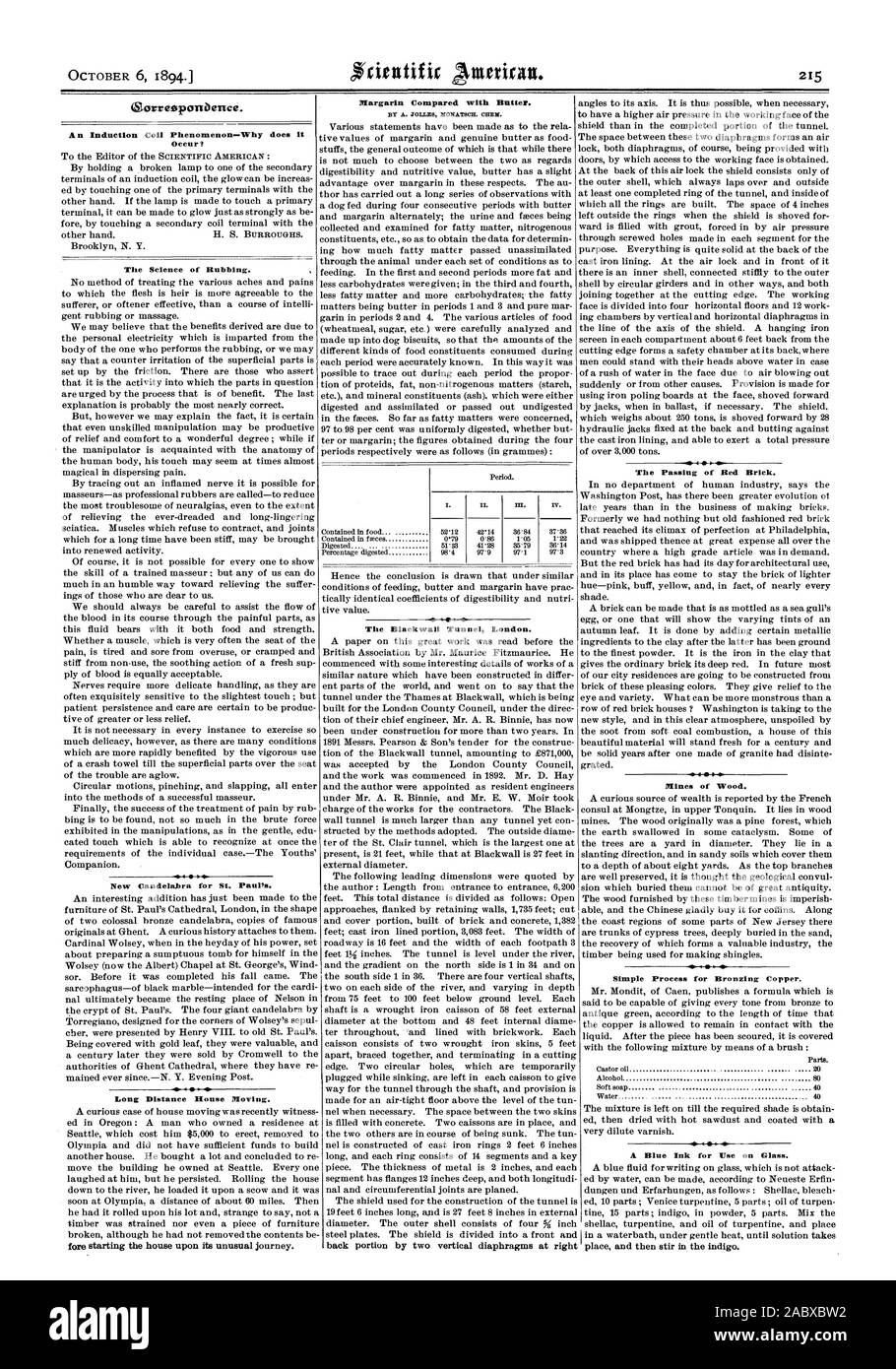 Il Blackwall Tunnel di Londra. porzione di schiena da due setti verticali a destra Margarin confrontato con burro. Da A. JOLLES MONATSCH. CHEM. Gorreoponbence. Una bobina di induzione fenomeno-perché la scienza di sfregamento. Nuova Candela.bra per San Paolo. Lunga distanza casa in movimento. Il passaggio di mattoni rossi. Miniere di legno. Semplice processo di rame di imbrunimento. Un inchiostro blu per utilizzare su vetro, Scientific American, 1894-10-06 Foto Stock