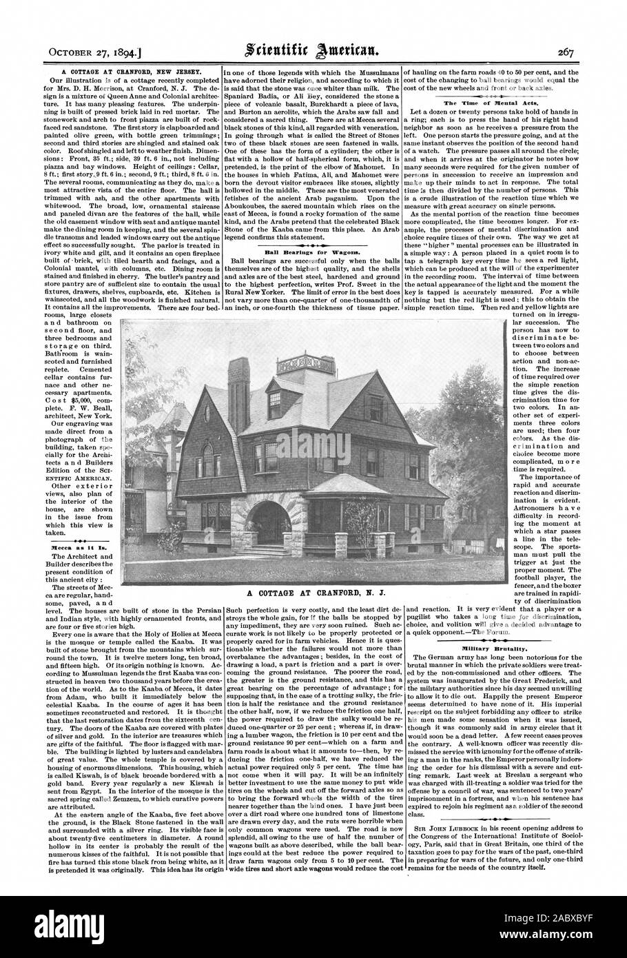 Un cottage a Cranford NEW JERSEY ENTIFIC americano. La Mecca come è. Il tempo di atti mentale. Brutalità militare. Cuscinetti a sfere per i carri. Un cottage a CRANFORD N. J., Scientific American, 1894-10-27 Foto Stock